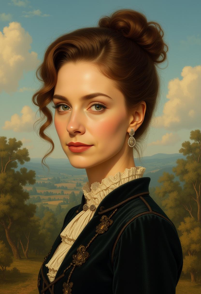 Kira-Lux-Flux, Victorian portrait featuring Mona Kate, upper body fusion of Kate Middleton's and Mona Lisa's features, styled by Artgerm and Rubens, clear and detailed eyes, wearing Victorian attire with a sophisticated hairstyle, placed against a Hudson River School-inspired stunning English landscape, 8K, ultra-detailed execution, loving attention to nuances, high dynamic range, atmospheric perspective, ultra fine, digital painting.
