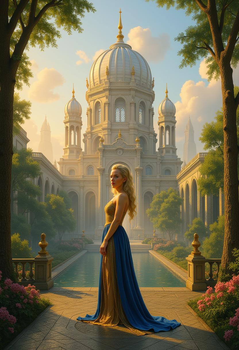 Kira-Lux-Flux, in front of The wonderful hereafter, locking at you, breathtaking herafter dress, clear and detailed eyes, sunset mood, a blend of Artgerm and Rubens Style, magnificent gardens, laid out between the long walkways, massive complexes of buildings with large light - filled domes and towers, Hall of Justice, the Hall of Wisdom and the Hall of Archives, a graceful profusion of bright flowers, babbling brooks and rushing waterfalls, tall trees with broad crowns, moss carpets and ferns among paved paths and wooden bridges, vast meadows and stone obelisks, parks white.  marble benches, beautiful fountains with the golden gargoyles of mermaids, painted by Boris Vallejo, Artgerm, Cinematic lighting, raking light, Canon 90D, 50 mm lens, atmospheric. Photorealistic, photorealism, perfect realistic art, smooth, aftereffects, sharp focus, hi - res, ultra intricate detail, ultra realistic detail, 4K, HDR, Mysterious, masterpiece, wow effect

