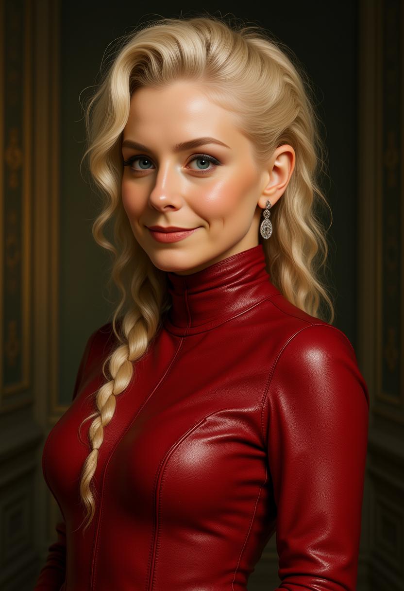 Kira-Lux-Flux, Full body portrait of Kira Lux as Cara Mason the Mordsith, with a mysterious ambiance mirroring the  Voynich Manuscript clear and detailed eyes, blending artistic styles of Rubens and Tomer Hanuka, blood-red skin-tight leather dress of a Mordsith, long blond hair tied in a plait, smiling, extremely detailed with a focus on pupils intricacy, soft skin texture, illuminated by daylight casting a mysterious aura , background in soft-focus, cinematic, ultra-detailed.



