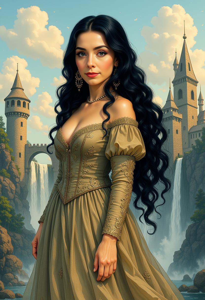 Kira-Lux-Flux, Snow White portrayed by Kira Lux, embracing vintage fashion, raven-black long hair flowing, ink pen illustration mimicking a comic book style, seamlessly double exposed with an ethereal castle setting including rugged rocks and a cascading waterfall, encapsulating Luiza Lima's delicate aesthetic touch, crafted as a vector design in 4k resolution for an ultra-detailed digital painting, delicate lines, vector shadows, high contrast, vibrant yet muted palette, intricate textures, Luiza Lima style, digital art
