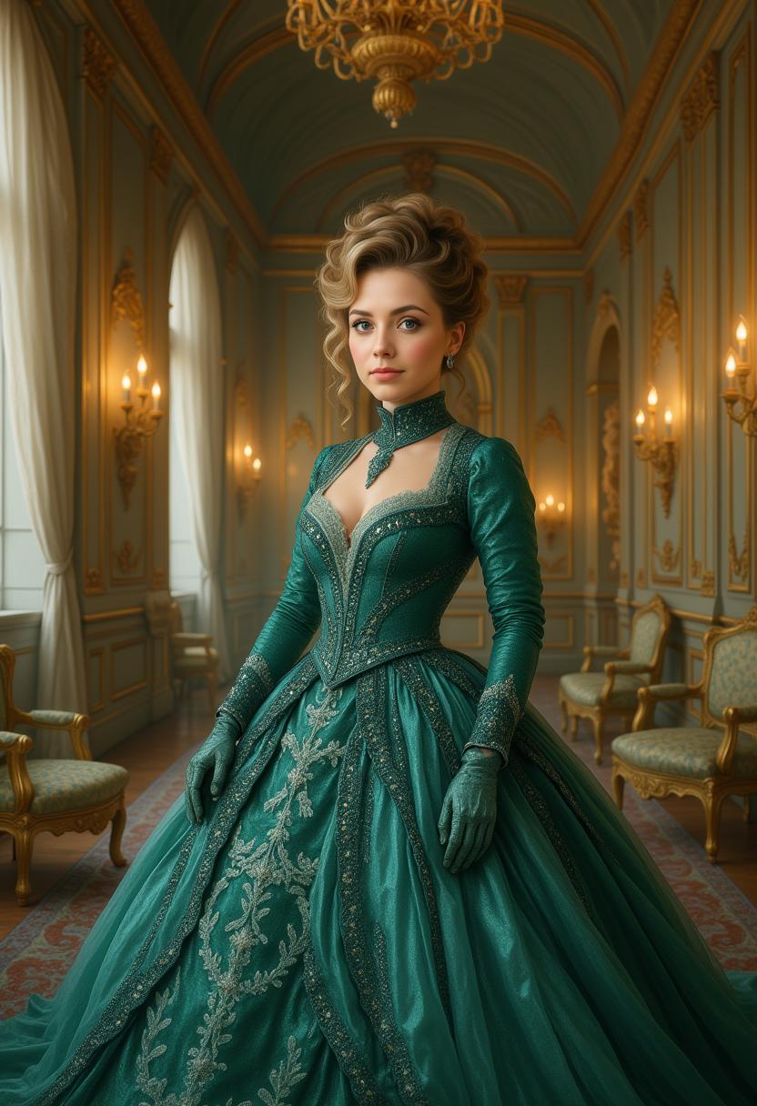 A stunning portrait of a young woman resembling Alyssa Milano, captured as the centerpiece of an opulent, Rococo-inspired scene. Her striking beauty is highlighted by  clear, detailed eyes that radiate emotion. She wears an elaborate, voluminous dress in vibrant winter colors—deep emerald greens, frosty silvers, and icy blues—with intricate architectural details woven into the fabric, adorned with delicate embroidery, lace, and shimmering accents. The dress cascades dramatically, enhancing her regal presence. The image is rendered in a masterful blend of Artgerm’s modern, hyper-detailed digital style and Rubens’ classical, painterly richness, balancing sharp realism with lush, tactile brushstrokes. The composition places her centrally, framed elegantly within an indoor palace setting, surrounded by a lavish background of gilded moldings, ornate tapestries, and intricate baroque furniture. The camera angle is slightly low, emphasizing her commanding stature, while soft, warm candlelight and cool winter tones create a luxurious yet intimate mood. The atmosphere exudes grandeur and sophistication, with a timeless, palatial ambiance, as if frozen in an 18th-century winter evening. Every detail, from the texture of the fabric to the gleam of gold in the background, is rendered with extraordinary precision, inviting the viewer into a world of extravagance and beauty, captured as if a painting transformed into a high-definition photograph.