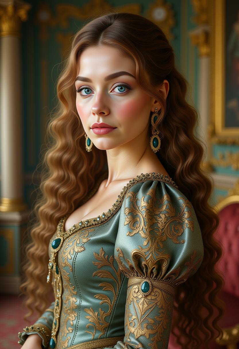 Kira-Lux-Super, In the prompt provided, the main subject is a young woman who bears a striking resemblance to Kira Lux, She is seen in an opulent, Rococo-inspired mood painted in a blend style of  Artgerm and Rubens,  clear and detailed eyes, wearing an elaborate dress in vibrant winter colors. The dress is rich in architectural details and voluminous, adding to the grandeur of the image. This portrayal of the young woman is either a painting as a photograph, showcasing her in an indoor palace setting. The background is teeming with an abundance of intricate and ornate elements, further accentuating the luxurious ambiance. The description aims to convey the exceptional quality of the image, capturing the viewer's attention through its extraordinary attention to detail and the lavishness it exudes.
