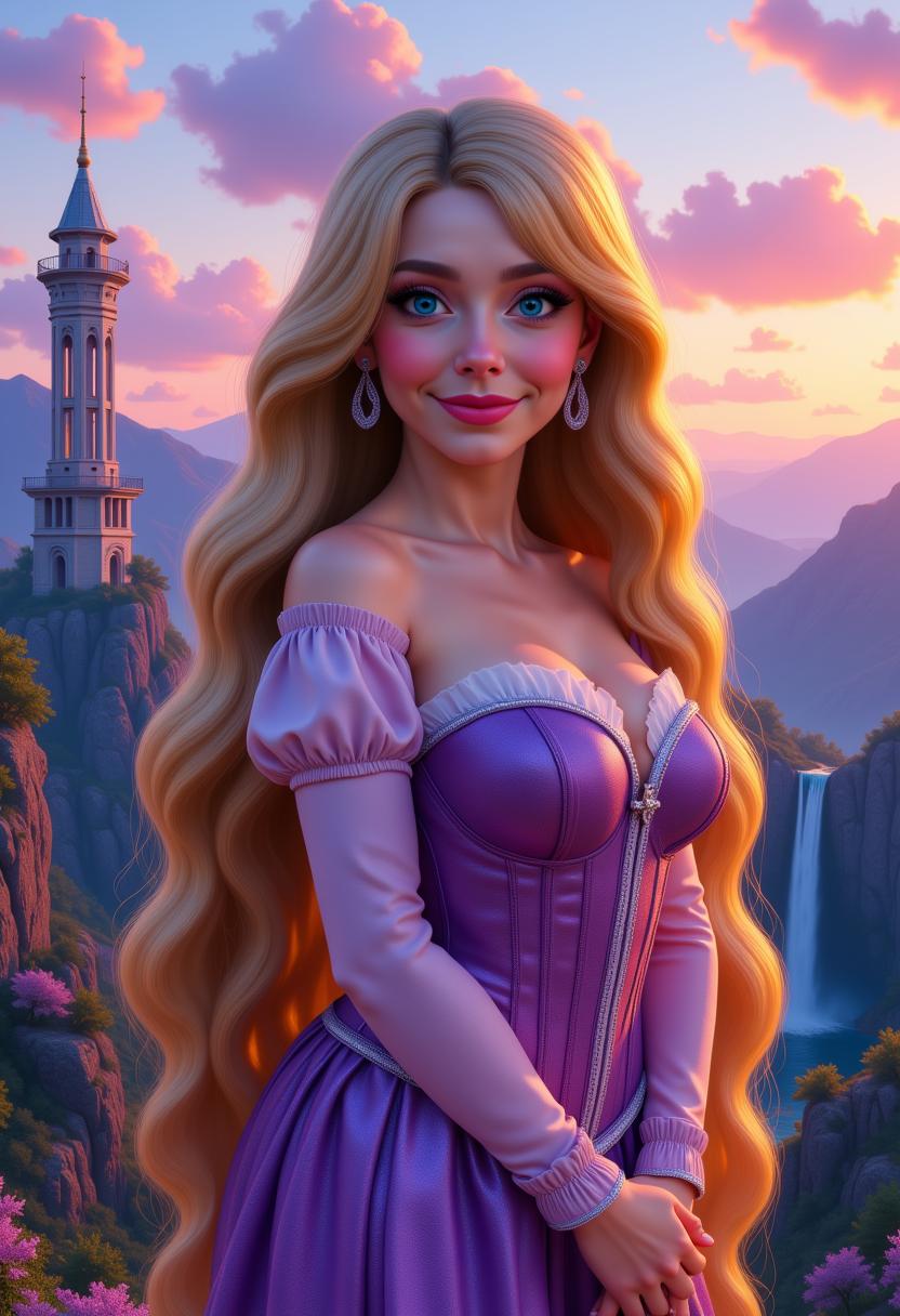 Kira-Lux-Super, Mandy Vision as Rapunzel, body portrait in half side view looking at you, corsage dress, GTA5-style illustration digital art by Tomer Hanuka, embraced, style with a stunning tower and rock and valley landscape of Maryland with view to a great waterfall in twilight mood as background, detailed and clear eyes smiling with hue, complemented by lavender attire including a cinched corset, face highlighted with eccentric makeup and elongated eyelashes, twilight mood, digital painting, ultra, 8K, photorealistic




