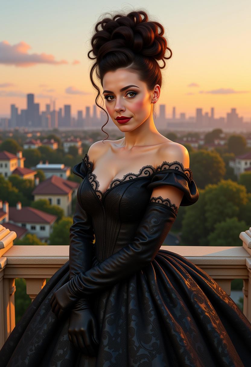 Kira-Lux-Super, embodied in a Palatial Victorian gown and boasting an intricate Victorian coiffure of dark chestnut, stationed against the stunning cityscape of Los Angeles as seen from the echoes of affluent suburbia, a blended portrait creation derived from the combined aesthetics of artists Artgerm and Rubens with an echo of Hudson River School, Her silhouette precision carved into flawless detail, 8K resolution, ultra-detailed master



