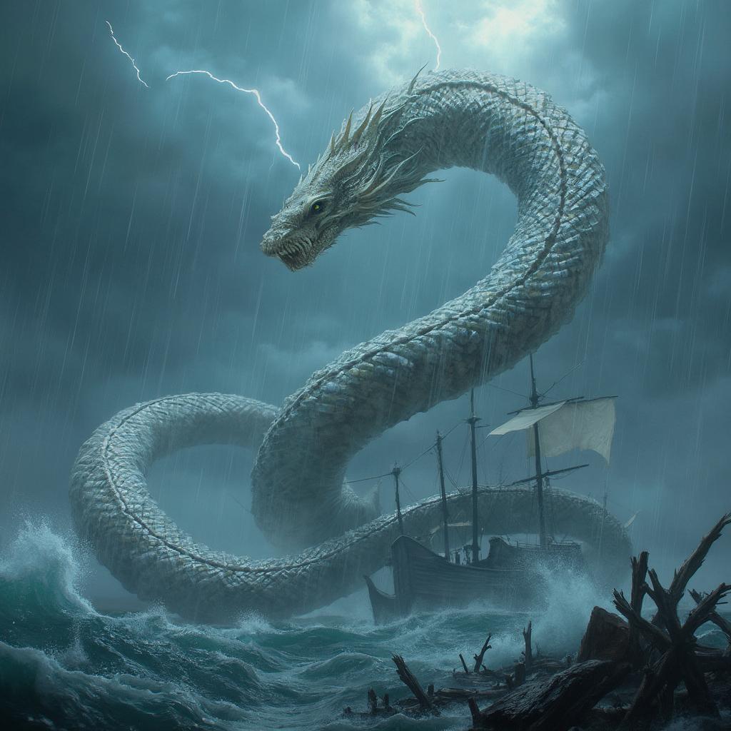 A majestic and fearsome Serpentra, a colossal serpentine creature, coiled powerfully in the midst of a stormy ocean. Its scales shimmer like pearls, reflecting iridescent hues of white, silver, and pale blue under the dramatic, overcast sky. Each scale is intricately detailed, with a glossy, almost liquid texture that catches the faint glimmers of lightning flashing in the distance. The creature's immense body twists and curves dynamically, crushing remnants of wooden ships within its mighty coils, splintered debris floating in the churning, dark waves below. The composition focuses on Serpentra as the central subject, captured from a low, upward camera angle to emphasize its towering dominance and menacing presence over the shattered fleet. The mood is intense and foreboding, with a sense of raw, untamed power; the atmosphere is heavy with the scent of rain and the roar of thunder, set during a tempest at dusk. The artistic style is hyper-realistic with elements of fantasy art, featuring sharp, photorealistic details in the creature's scales and the ocean's frothy texture, rendered with dramatic lighting and deep shadows to enhance the epic, cinematic feel.