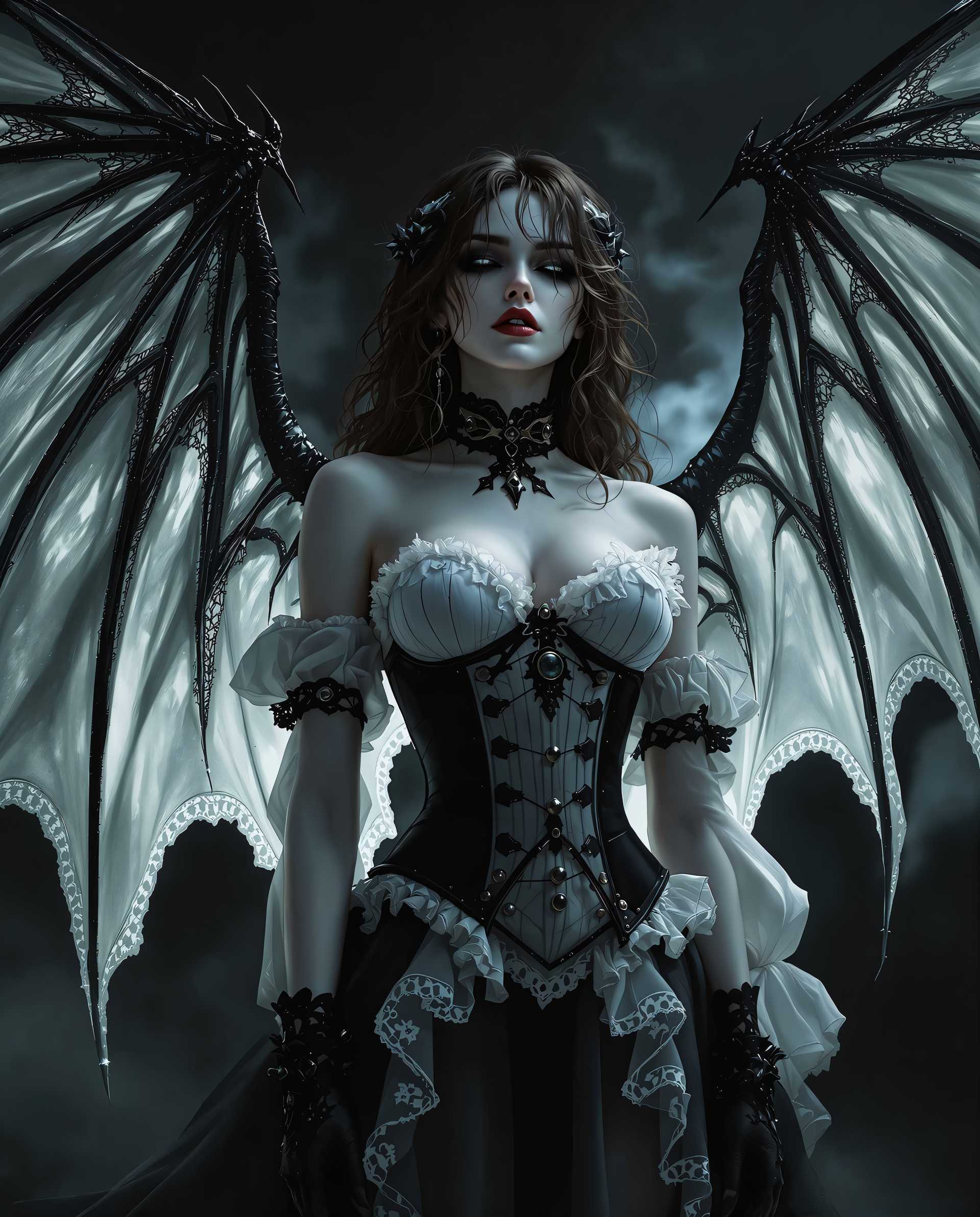 masterpiece, best quality, highres, sharp image, more detail <lora:more_details:0.5> <lora:SDXLrender_v2.0:1>, A hyper-realistic digital painting of a gothic female figure, exuding an aura of otherworldly elegance and mystery. The artwork features a highly stylized aesthetic with dramatic lighting and deep shadows, casting a moody and atmospheric tone. The color palette is muted, dominated by black, white, and shades of gray, with the figure's pale, almost translucent white skin contrasting sharply against the darker tones of her expansive, bat-like wings and intricate gothic attire. The wings are semi-transparent, allowing soft light to filter through, creating a ghostly, ethereal effect, and are edged with delicate lace, adorned with a subtle marbled pattern for added depth. The figure wears a corset-style bodice with a high neckline and fitted waist, detailed with lace ruffles, predominantly white with black accents and metallic buttons that hint at a steampunk influence. Her brunette hair is styled in loose, curly locks cascading down her back and shoulders, with stray strands falling over her face, obscuring her eyes and enhancing the enigmatic vibe. The composition centers the figure in a three-quarter view, with a low camera angle that emphasizes her towering presence and the grandeur of her wings. The lighting is cinematic, with a soft, diffused glow highlighting the textures of the clothing and wings while casting deep, dramatic shadows that lend a three-dimensional quality to the scene. The background is dark and minimalistic, with faint misty elements to enhance the gothic ambiance, set during a dimly lit twilight hour. The overall mood is haunting yet elegant, blending realism with a surreal, dreamlike atmosphere, achieved through smooth digital brushwork and meticulous attention to detail in texture and form.