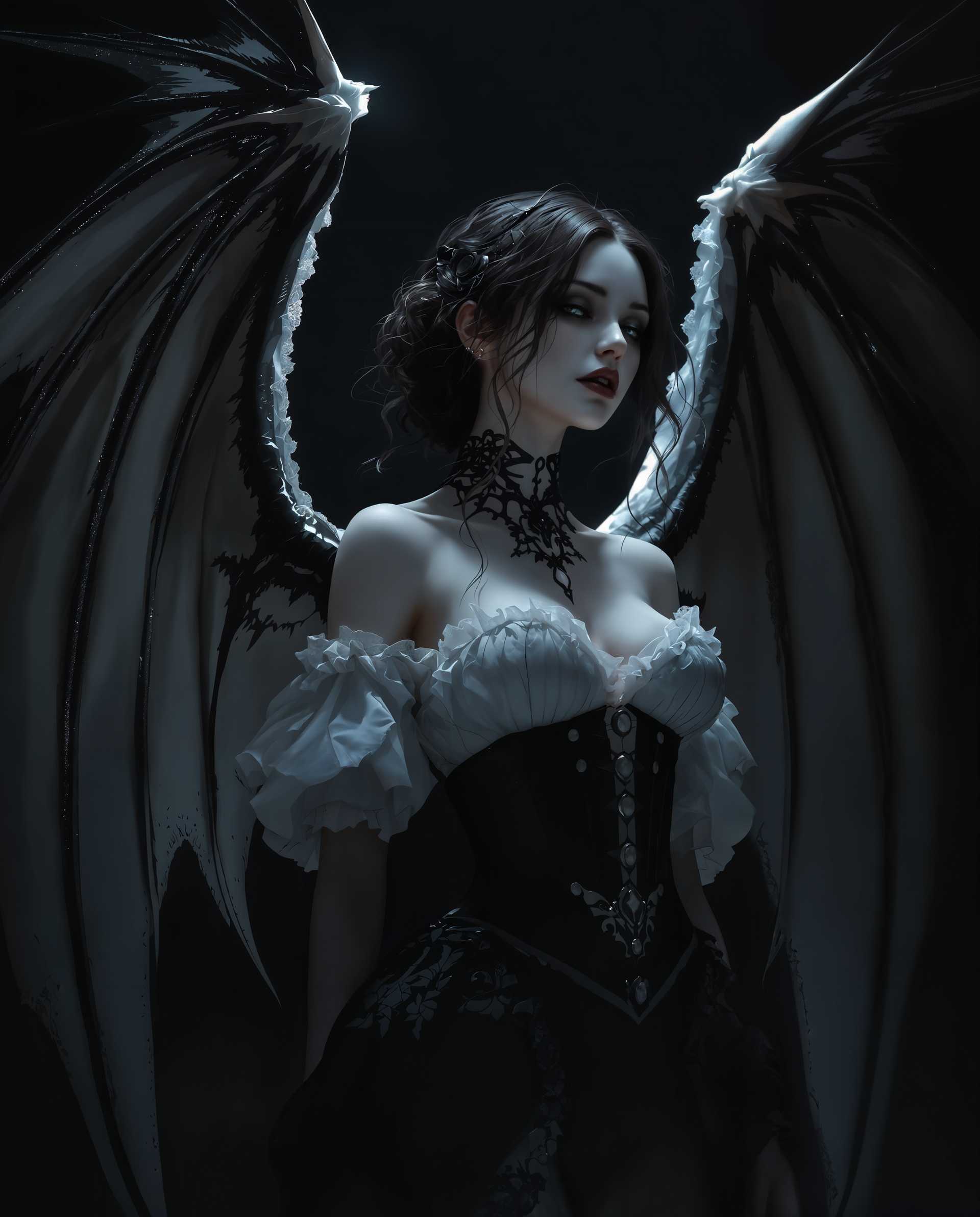 masterpiece, best quality, highres, sharp image, more detail <lora:more_details:0.5> <lora:SDXLrender_v2.0:1>, masterpiece, best quality, highres, sharp image, more detail, A hyper-realistic digital painting of a gothic female figure, exuding an aura of otherworldly elegance and mystery. The artwork features a highly stylized aesthetic with dramatic lighting and deep shadows, casting a moody and atmospheric tone. The color palette is muted, dominated by black, white, and shades of gray, with the figure's pale, almost translucent white skin contrasting sharply against the darker tones of her expansive, bat-like wings and intricate gothic attire. The wings are semi-transparent, allowing soft light to filter through, creating a ghostly, ethereal effect, and are edged with delicate lace, adorned with a subtle marbled pattern for added depth. The figure wears a corset-style bodice with a high neckline and fitted waist, detailed with lace ruffles, predominantly white with black accents and metallic buttons that hint at a steampunk influence. Her brunette hair is styled in loose, curly locks cascading down her back and shoulders, with stray strands falling over her face, obscuring her eyes and enhancing the enigmatic vibe. The composition centers the figure in a three-quarter view, with a low camera angle that emphasizes her towering presence and the grandeur of her wings. The lighting is cinematic, with a soft, diffused glow highlighting the textures of the clothing and wings while casting deep, dramatic shadows that lend a three-dimensional quality to the scene. The background is dark and minimalistic, with faint misty elements to enhance the gothic ambiance, set during a dimly lit twilight hour. The overall mood is haunting yet elegant, blending realism with a surreal, dreamlike atmosphere, achieved through smooth digital brushwork and meticulous attention to detail in texture and form.