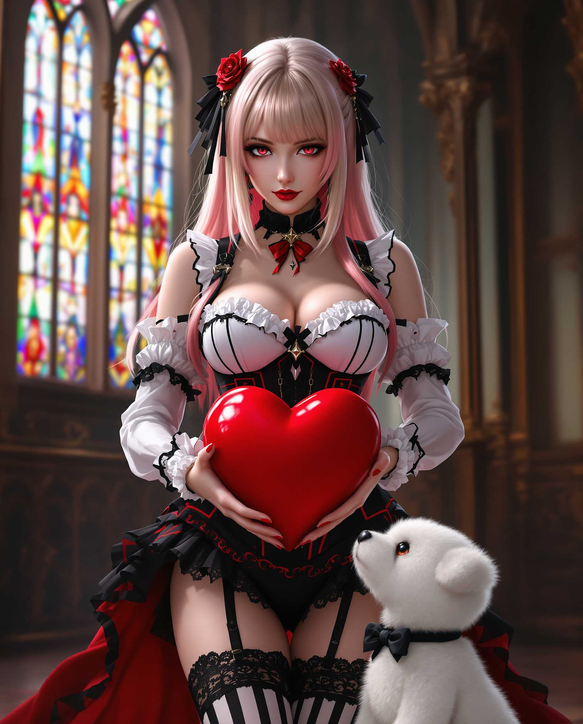 masterpiece, best quality, highres, sharp image, more detail <lora:more_details:0.5> <lora:SDXLrender_v2.0:1>, A high-resolution, realistic digital painting of a female character in a gothic-inspired outfit, captured in a striking and detailed composition. The character has long, blonde hair with a subtle gradient of pink tones, styled with sideswept bangs that frame her face elegantly. Her hair is adorned with a vibrant red heart-shaped accessory, mirroring the large red heart-shaped object she holds delicately in her hands. Her attire is a bold white and red corset, intricately detailed with black lace and ruffles, paired with thigh-high stockings featuring a black and white striped pattern and delicate lace trim at the hem. Black suspenders with lace and ruffle accents secure the stockings, enhancing the gothic aesthetic. The smooth blending of colors in the digital painting medium highlights the rich, vibrant palette of red, white, and black, creating a dramatic contrast that emphasizes the gothic theme, with the red heart as a vivid focal point against the monochrome outfit.

In the foreground, a small, adorable white creature—resembling a puppy or tiny bear—wears a black bow tie and collar, gazing up at the character with an innocent, endearing expression, adding a playful touch of companionship to the scene. The background features a softly blurred gothic architectural setting, with intricate ironwork and colorful stained glass windows, suggesting an indoor environment like a grand cathedral or manor hall, perfectly complementing the character’s aesthetic.

The composition is framed with a medium-close shot, focusing on the character from the waist up, with the camera slightly angled from below to emphasize her commanding presence while capturing the small creature at her feet. The lighting is soft and dramatic, with a warm, ambient glow filtering through the stained glass, casting subtle colored reflections on the scene and creating deep shadows that enhance the gothic mood. The atmosphere is a blend of dark elegance and playful romance, underscored by the heart motif and the character’s confident yet whimsical expression. The overall image exudes a captivating balance of gothic sophistication and tender affection, rendered with hyper-realistic detail, sharp focus on textures like lace and fabric, and a polished, cinematic quality.
