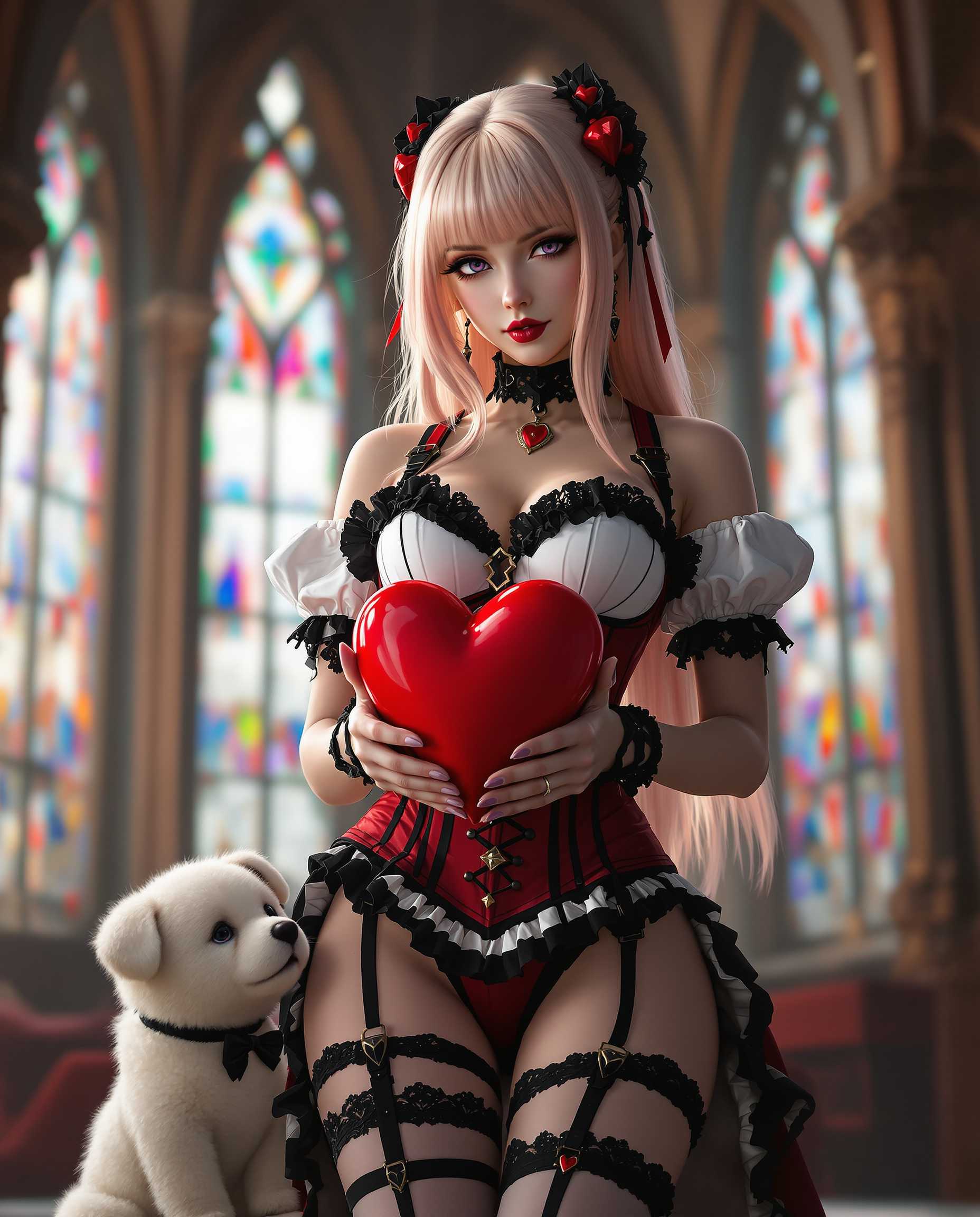masterpiece, best quality, highres, sharp image, more detail, A high-resolution, realistic digital painting of a female character in a gothic-inspired outfit, captured in a striking and detailed composition. The character has long, blonde hair with a subtle gradient of pink tones, styled with sideswept bangs that frame her face elegantly. Her hair is adorned with a vibrant red heart-shaped accessory, mirroring the large red heart-shaped object she holds delicately in her hands. Her attire is a bold white and red corset, intricately detailed with black lace and ruffles, paired with thigh-high stockings featuring a black and white striped pattern and delicate lace trim at the hem. Black suspenders with lace and ruffle accents secure the stockings, enhancing the gothic aesthetic. The smooth blending of colors in the digital painting medium highlights the rich, vibrant palette of red, white, and black, creating a dramatic contrast that emphasizes the gothic theme, with the red heart as a vivid focal point against the monochrome outfit.

In the foreground, a small, adorable white creature—resembling a puppy or tiny bear—wears a black bow tie and collar, gazing up at the character with an innocent, endearing expression, adding a playful touch of companionship to the scene. The background features a softly blurred gothic architectural setting, with intricate ironwork and colorful stained glass windows, suggesting an indoor environment like a grand cathedral or manor hall, perfectly complementing the character’s aesthetic.

The composition is framed with a medium-close shot, focusing on the character from the waist up, with the camera slightly angled from below to emphasize her commanding presence while capturing the small creature at her feet. The lighting is soft and dramatic, with a warm, ambient glow filtering through the stained glass, casting subtle colored reflections on the scene and creating deep shadows that enhance the gothic mood. The atmosphere is a blend of dark elegance and playful romance, underscored by the heart motif and the character’s confident yet whimsical expression. The overall image exudes a captivating balance of gothic sophistication and tender affection, rendered with hyper-realistic detail, sharp focus on textures like lace and fabric, and a polished, cinematic quality.