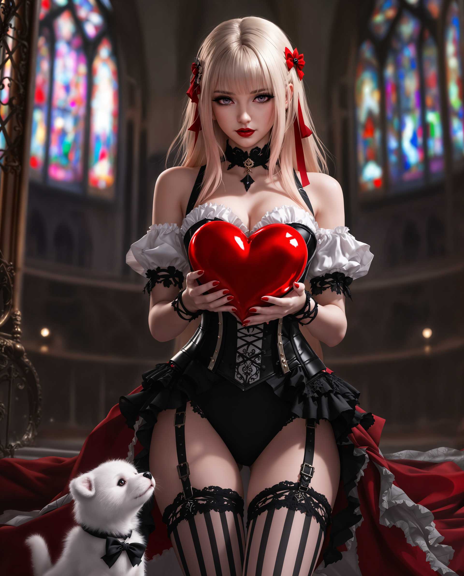 masterpiece, best quality, highres, sharp image, more detail <lora:more_details:0.5> <lora:SDXLrender_v2.0:1>, masterpiece, best quality, highres, sharp image, more detail, A high-resolution, realistic digital painting of a female character in a gothic-inspired outfit, captured in a striking and detailed composition. The character has long, blonde hair with a subtle gradient of pink tones, styled with sideswept bangs that frame her face elegantly. Her hair is adorned with a vibrant red heart-shaped accessory, mirroring the large red heart-shaped object she holds delicately in her hands. Her attire is a bold white and red corset, intricately detailed with black lace and ruffles, paired with thigh-high stockings featuring a black and white striped pattern and delicate lace trim at the hem. Black suspenders with lace and ruffle accents secure the stockings, enhancing the gothic aesthetic. The smooth blending of colors in the digital painting medium highlights the rich, vibrant palette of red, white, and black, creating a dramatic contrast that emphasizes the gothic theme, with the red heart as a vivid focal point against the monochrome outfit.

In the foreground, a small, adorable white creature—resembling a puppy or tiny bear—wears a black bow tie and collar, gazing up at the character with an innocent, endearing expression, adding a playful touch of companionship to the scene. The background features a softly blurred gothic architectural setting, with intricate ironwork and colorful stained glass windows, suggesting an indoor environment like a grand cathedral or manor hall, perfectly complementing the character’s aesthetic.

The composition is framed with a medium-close shot, focusing on the character from the waist up, with the camera slightly angled from below to emphasize her commanding presence while capturing the small creature at her feet. The lighting is soft and dramatic, with a warm, ambient glow filtering through the stained glass, casting subtle colored reflections on the scene and creating deep shadows that enhance the gothic mood. The atmosphere is a blend of dark elegance and playful romance, underscored by the heart motif and the character’s confident yet whimsical expression. The overall image exudes a captivating balance of gothic sophistication and tender affection, rendered with hyper-realistic detail, sharp focus on textures like lace and fabric, and a polished, cinematic quality.