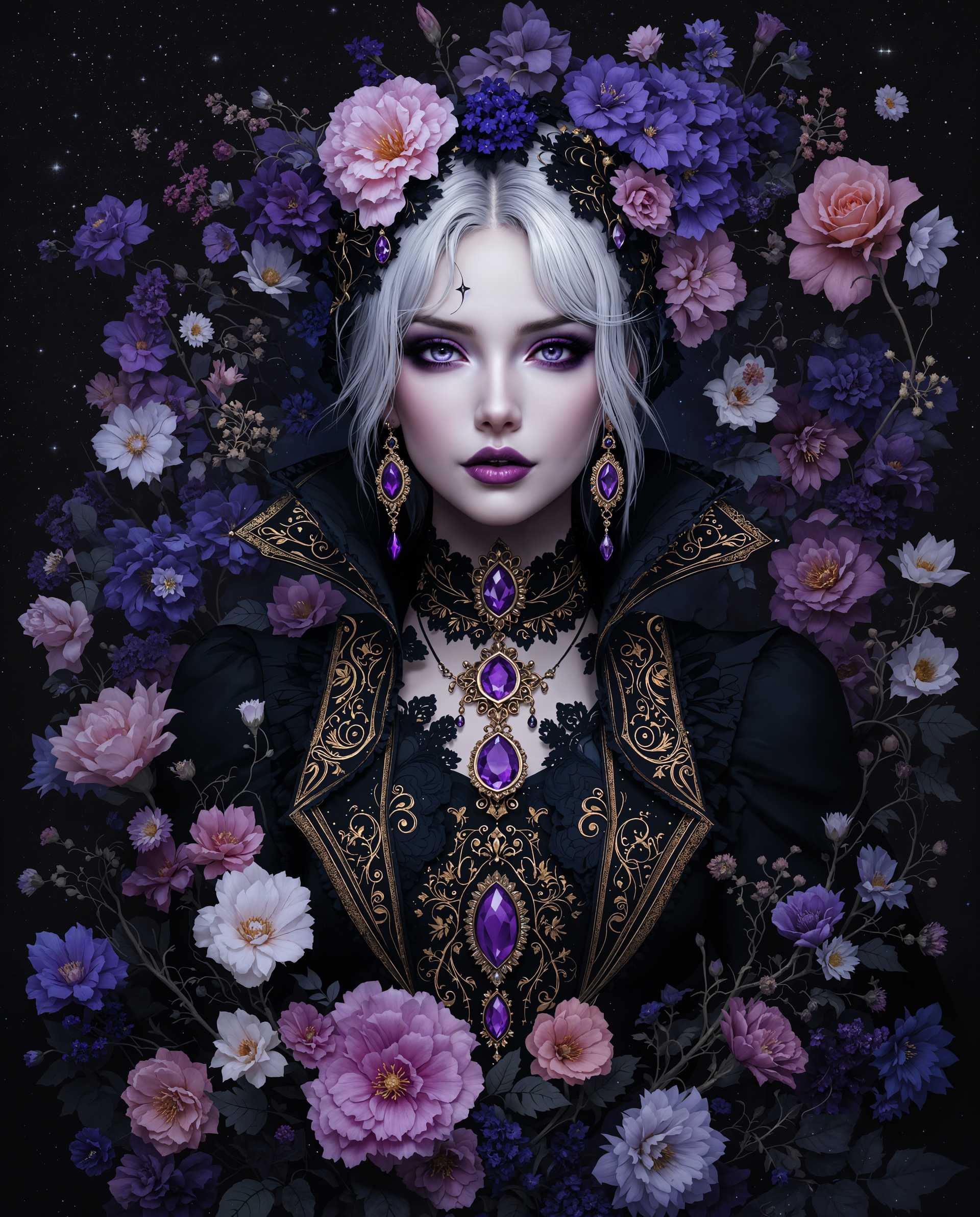 masterpiece, best quality, highres, sharp image, more detail <lora:more_details:0.5> <lora:SDXLrender_v2.0:1>, masterpiece, best quality, highres, sharp image, more detail, This is a realistic photo (photograph) of a female real person photograph that exudes a gothic and mystical aura. The medium appears to be digital painting, as evidenced by the smooth blending of colors and the lack of texture that one might find in traditional mediums like oil or watercolor.The colors in the image are rich and varied, with a predominance of purples, blues, and blacks that create a moody and atmospheric effect. The use of these dark colors is balanced by the inclusion of lighter, more vibrant hues such as pinks, whites, and oranges, which stand out and draw the eye. The interplay of light and shadow is masterfully executed, with highlights and shadows that give depth and dimension to the characters and objects.The objects in the image are numerous and varied. At the center is a figure with pale, silver hair and striking purple eyes, which are the focal point of the image. The figure is adorned with an elaborate black outfit with gold trim and jewelry, including a necklace with a prominent purple gemstone and matching earrings. The outfit is detailed with lace and ruffles, adding to the gothic aesthetic.Surrounding the figure is a lush array of flowers, predominantly in shades of purple and blue, with a few white flowers interspersed. These flowers are depicted with intricate petals and leaves, and they are arranged in a seemingly random yet harmonious manner that frames the figure. The flowers are intertwined with vines and tendrils, creating a sense of entanglement and connection with the figure.In the background, there is a dark, starry sky that adds to the mystical and otherworldly feel of the image. The stars are small and scattered, and they contribute to the overall sense of depth and expanse.Overall, the image is a rich tapestry of color, form, and symbolism that invites the viewer to delve into its mysterious depths.