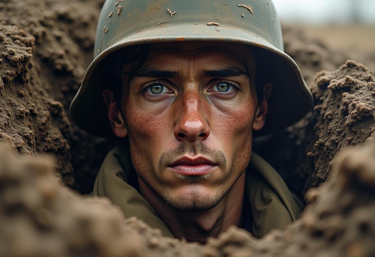 
Sfumato oil painting of dirty and tired face of a WW1 soldier in a trench. Pale and shellshocked, with blank, unfocused gaze.

