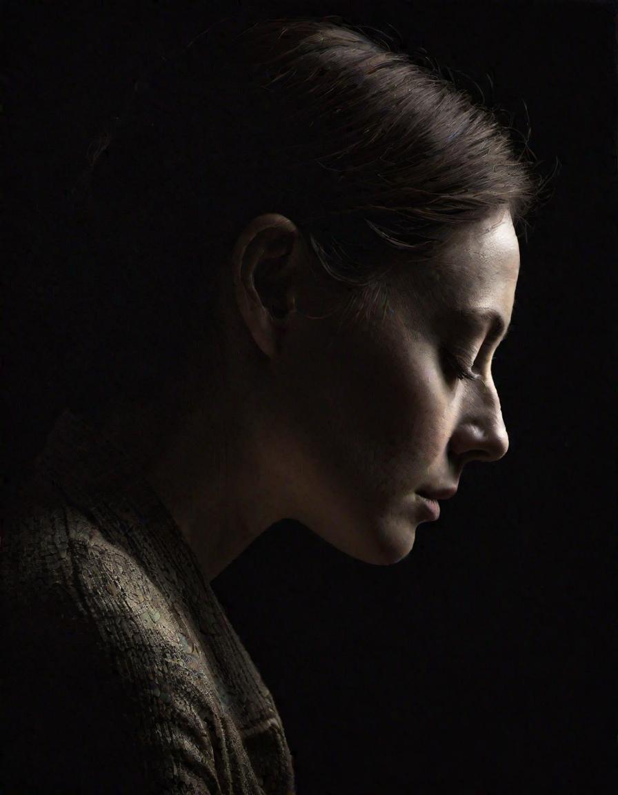 This image is a monochromatic, highcontrast portrait that exudes a sense of quiet introspection. The subject, a woman, is captured from a side profile, her head bowed slightly, as if lost in thought or contemplation. The lighting is dramatic, with a chiaroscuro effect that highlights the textures of her clothing and the subtle shadows cast on her skin.The medium appears to be a digital photograph, given the smooth gradations of tones and the lack of graininess that might be present in a traditional print medium. The art style leans towards a modern, possibly minimalist approach, with a focus on the interplay of light and shadow to evoke emotion and mood.The woman is dressed in a simple, offshoulder top that drapes elegantly over her frame, the fabric catching the light in a way that suggests movement and delicacy. The tops neckline is low, revealing a hint of collarbone and shoulder, and the sleeves are short, ending just above her elbows. The material of the top appears to be a lightweight, possibly sheer fabric, which contributes to the airy and ethereal quality of the image.The background is nondescript, with a neutral wall that fades into darkness, ensuring that the subject remains the focal point. There is a vertical element, likely a window frame, that cuts across the upper left corner, introducing a linear element to the composition and adding depth.The impression of the image is one of quietude and introspection, with the subjects posture and the direction of her gaze suggesting a moment of solitude. The lighting imbues the scene with a sense of melancholy and introspection, while the monochromatic palette adds to the timeless and classic feel of the photograph.
