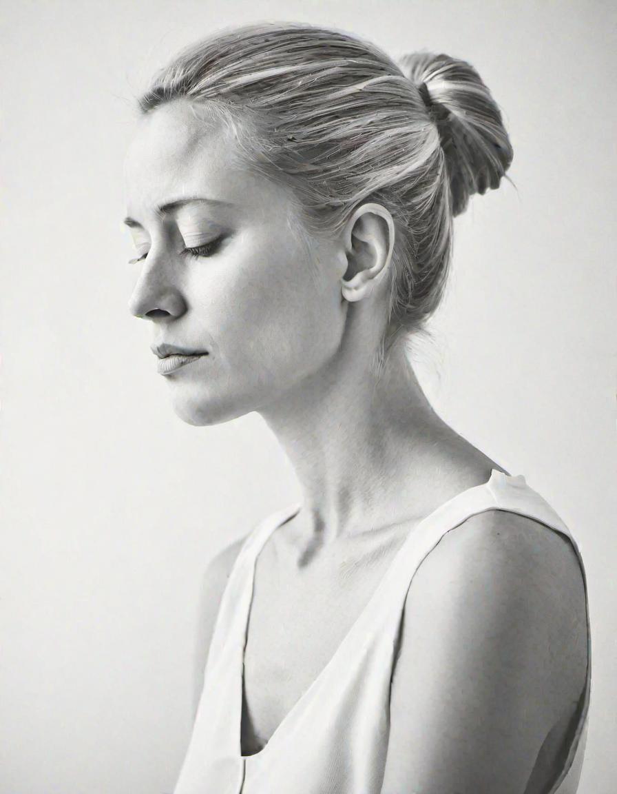A striking monochromatic, high-contrast portrait of a woman captured in a moment of quiet introspection, rendered in a modern minimalist digital photography style. The subject is depicted in a side profile, her head bowed slightly as if lost in deep thought, positioned slightly off-center to create a sense of intimacy and vulnerability. Her expression is serene yet melancholic, with subtle shadows playing across her face to emphasize her contemplative mood. Dramatic chiaroscuro lighting sculpts her features, casting deep contrasts between light and shadow, highlighting the delicate textures of her skin and the intricate folds of her clothing. She wears a simple, elegant off-shoulder top made of lightweight, sheer fabric that drapes gracefully over her frame, catching the light to suggest subtle movement and fragility. The low neckline reveals a hint of collarbone and shoulder, while short sleeves end just above her elbows, adding an airy, ethereal quality to her silhouette. The background is a neutral, nondescript wall fading into darkness, ensuring the focus remains on the subject, with a vertical window frame cutting across the upper left corner to introduce a linear element and subtle depth to the composition. The atmosphere is one of profound solitude and melancholy, set in an ambiguous time of day, with the interplay of light and shadow evoking a timeless, classic feel. The image is sharp and smooth, with seamless tonal gradations typical of high-quality digital photography, emphasizing emotional depth through careful framing and a balanced interplay of light and dark.