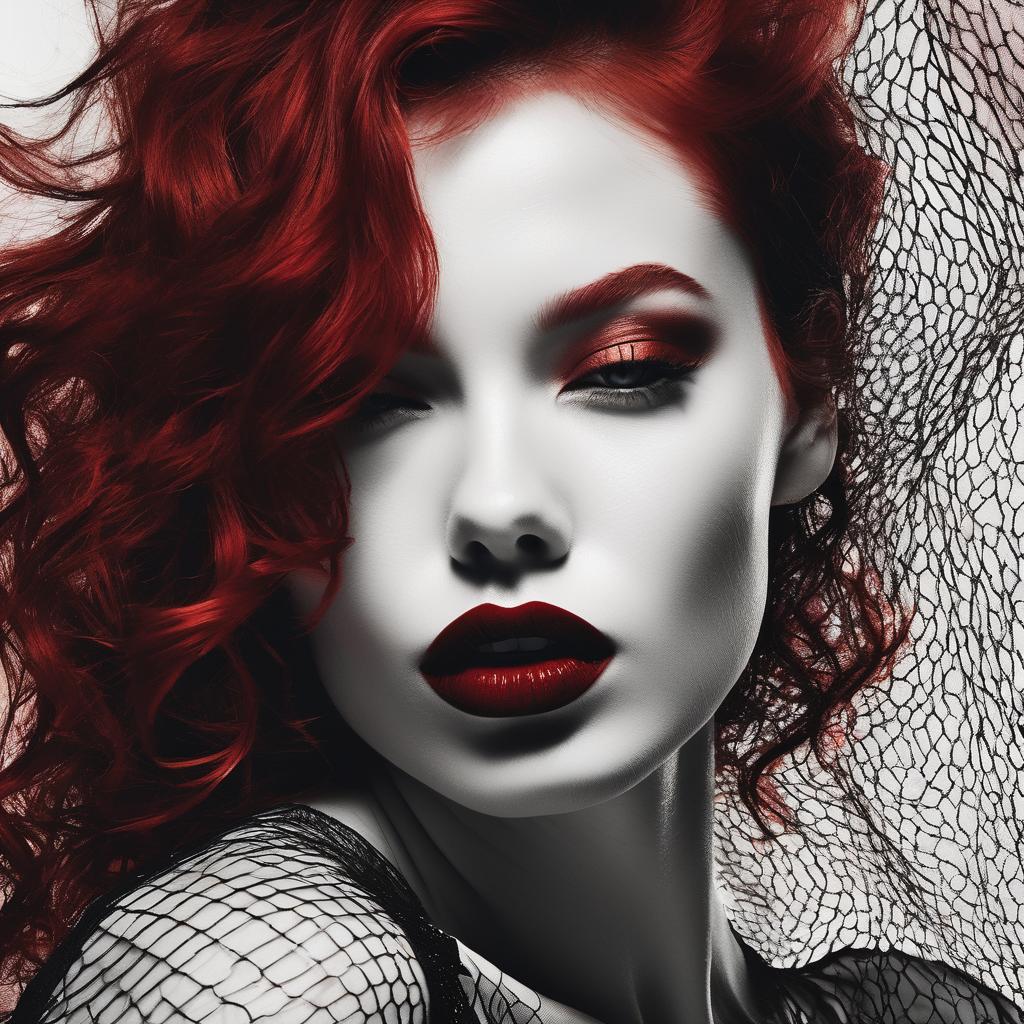 A striking upper body portrait of a woman with short, dark red messy hair cascading in tousled waves, her bold dark red lipstick contrasting vividly against her flawless complexion, and dramatic black mascara accentuating her intense gaze. She wears a delicate white net bodysuit, the intricate mesh texture clinging to her form, creating subtle patterns of light and shadow on her skin. The composition focuses tightly on her upper body, framed centrally with a slight tilt of her head for a dynamic pose, captured from a straight-on camera angle. The background is a dark, neutral gradient, fading from deep charcoal to soft black, ensuring the subject remains the focal point. The lighting is meticulously crafted with a ring light casting a soft, even glow on her face, highlighting her features with a luminous effect, while rim lights outline her silhouette with a crisp, glowing edge, adding depth and dimension. The mood is bold and confident, with a modern, editorial vibe, evoking a high-fashion photography aesthetic. The image is rendered in a hyper-realistic style, with sharp details and a polished finish, emphasizing every texture from the net fabric to the sheen of her lipstick, shot as if with a professional DSLR camera using a shallow depth of field for a cinematic bokeh effect in the background