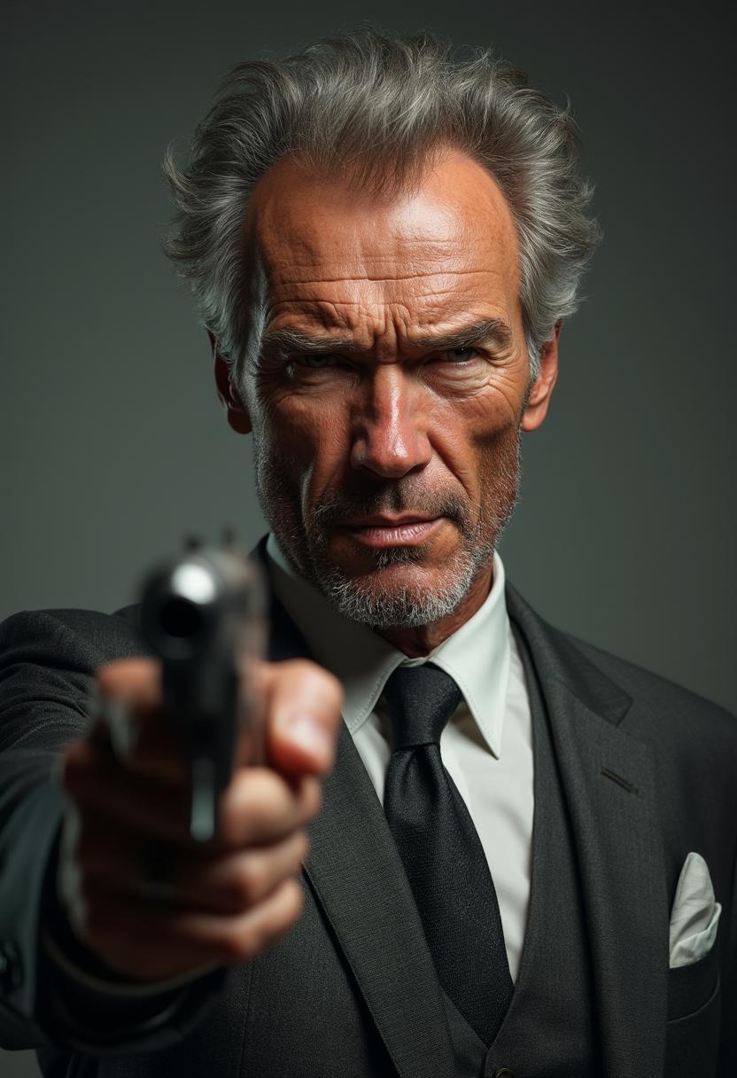 A hyper-realistic photographic portrait of Clint Eastwood, captured in his grizzled, iconic form, wearing a sharp grey suit, crisp white shirt, and a neatly tied tie. He holds a polished .357 Magnum, pointed directly at the viewer, with a steady, intense gaze. The portrait focuses above the waist, framing his rugged features and steely expression in a tight, centered composition. His face is clean-shaven, with every wrinkle and weathered detail accentuated by dramatic, high-contrast lighting that casts subtle shadows across his chiseled jawline. The background is a muted, neutral tone, ensuring the focus remains on Eastwood's commanding presence. The image is rendered in a cinematic style, inspired by classic Hollywood noir photography, with a gritty yet polished texture reminiscent of Unreal Engine 5's photorealistic capabilities. The mood is tense and commanding, evoking a sense of danger and authority, under harsh, directional studio lighting that enhances the depth and realism of the scene.