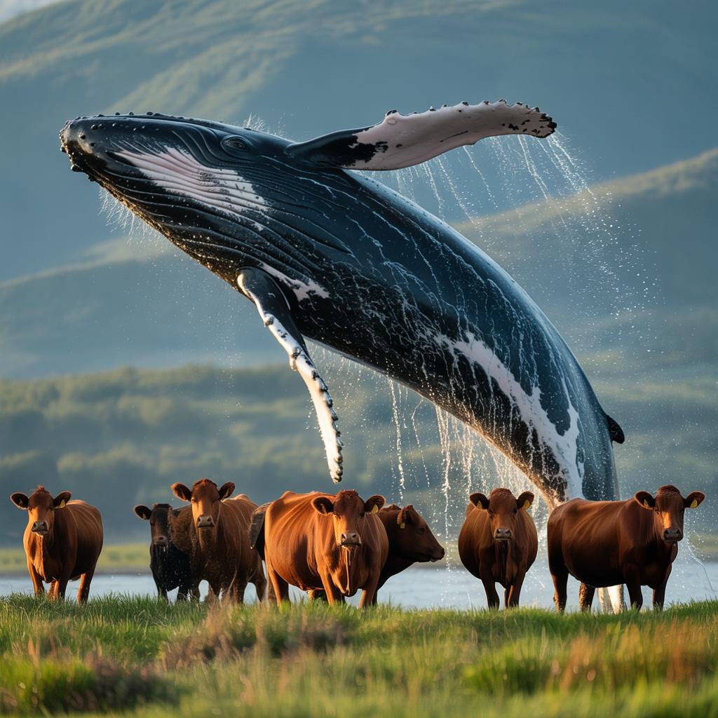 a whale jumping over a cow
