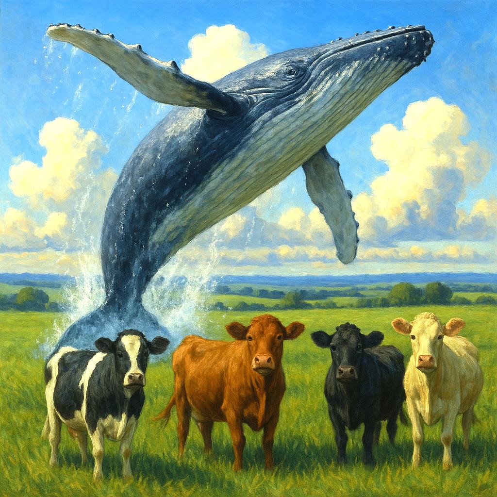 a whale jumping over cows