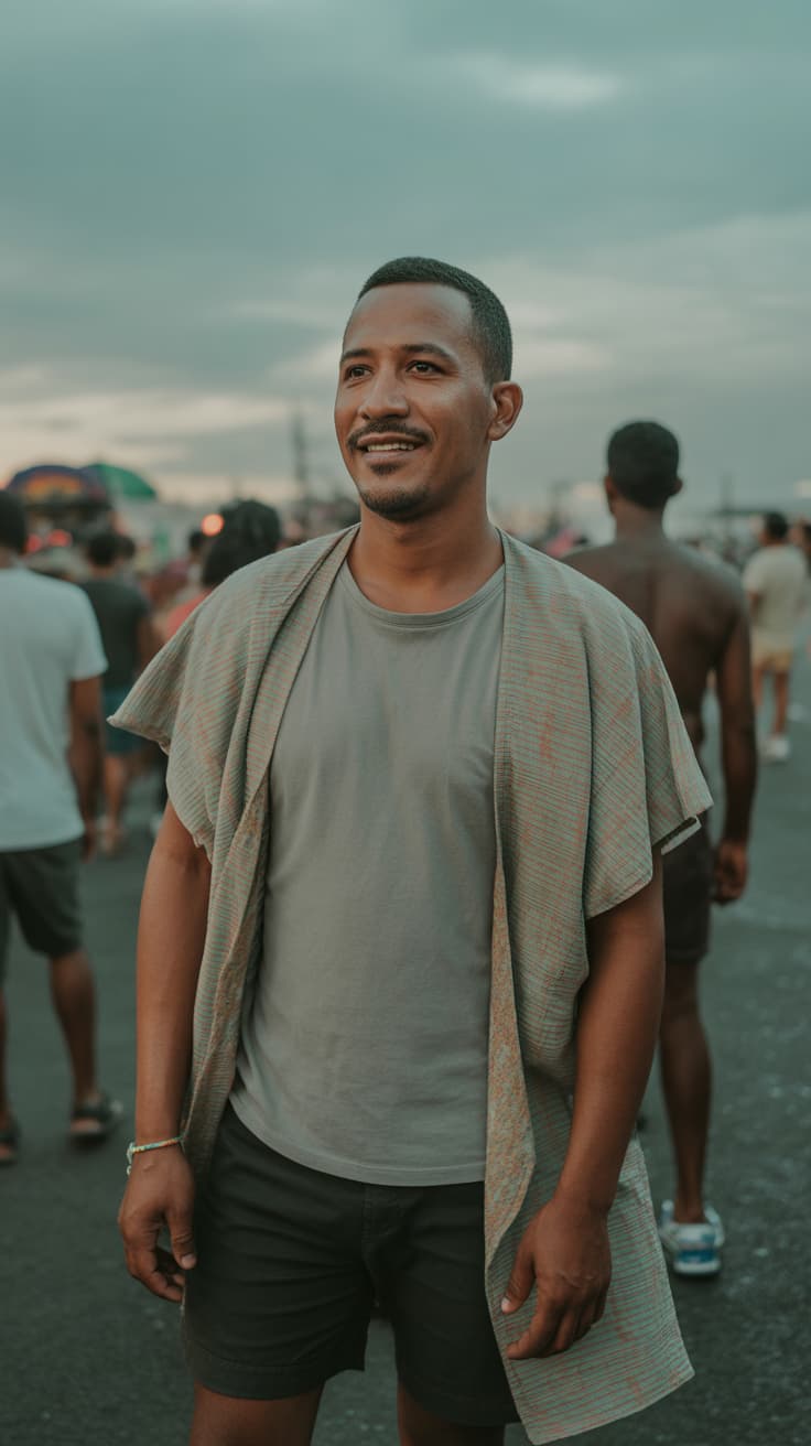 Natural DSLR photography, eye-level medium shot of a 30-year-old man, wearing a subtly patterned Abadá (perhaps in pastel or earth tones) over a simple grey t-shirt and dark shorts. No headpiece. The scene is Salvador Carnival, but under soft, diffused light from an overcast sky, muting the usual vibrant colors. He offers a calm smile. Background shows blurred, less saturated hints of the festivities, figures facing away.