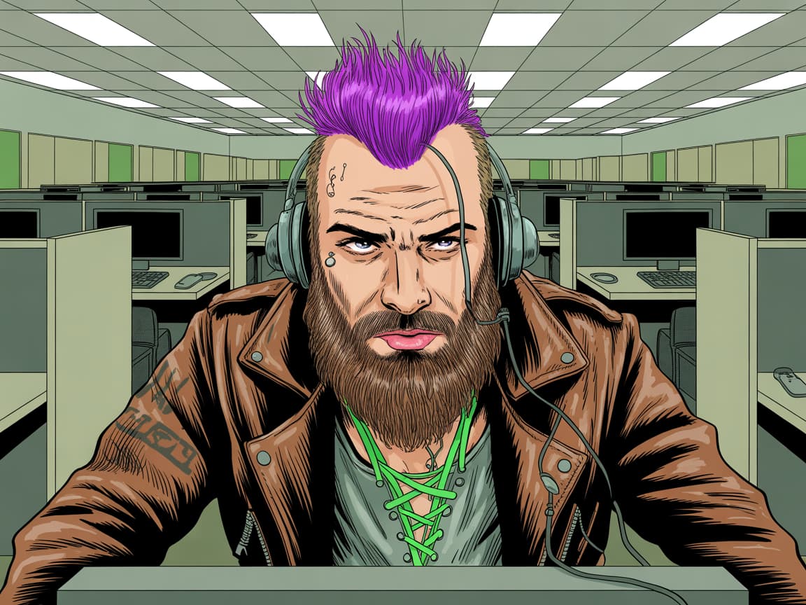 Comic Art by Mark Brooks	Bearded Punk Man in a Call Center	Intricate cross-hatching details the wear and tear on his leather jacket, individual strands of his beard are meticulously rendered, showcasing age and texture.	Muted greens and grays dominate the call center backdrop, while the punk man's vibrant purple mohawk and neon green shoelaces pop against the drab surroundings.	A Dutch angle shot looking up at the punk man, emphasizing his rebellious stance as he sits amidst a sea of uniform cubicles.	Multiple piercings adorn his face, each glinting realistically under the fluorescent office lights. A faded band tattoo peeks out from beneath his ripped sleeve, hinting at a life beyond the headset.	Every keyboard key, coffee stain on a desk, and tangled ethernet cable is painstakingly drawn, creating a sense of overwhelming claustrophobia within the sterile corporate setting.