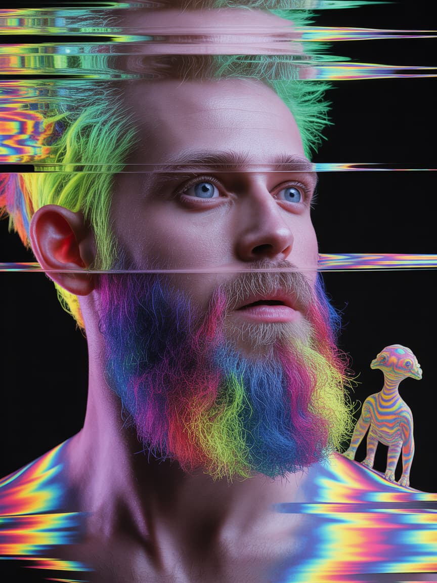 Dreamlike, Glitch Art	Bearded Punk Man	Imagine a kaleidoscope of neon colors bleeding into each other, mirroring the man's inner world.	The image appears to be slightly warped and stretched, as if the man is shifting in and out of reality.	Every single strand of his beard is captured in detail, a chaotic explosion of color and texture.	The man's eyes are wide and unfocused, staring into the distance with an expression of pure bliss.	A small, abstract, and surreal creature appears to be perched on his shoulder, a manifestation of his psychedelic state.