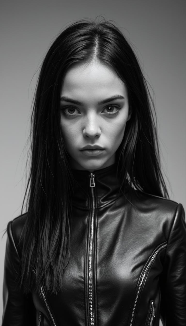 hyperrealistic, highest quality, (highres:1.2), masterpiece, aesthetic, realistic, 8k, (fashion photoshoot), (photorealistic:1.1)
rsgrl, russian girl, 
monochrome, greyscale, portrait, asian woman, dynamic hair, flowing black hair, dark leather jacket, high collar, light background, 50mm lens, expressive eyes, serious expression, pursed lips, mysterious vibe, from side