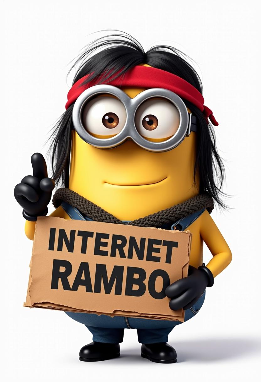 Create a realistic photograph of a minion dressed up like Rambo. The Minion is pointing upward, and holding a sign that reads "INTERNET RAMBO"