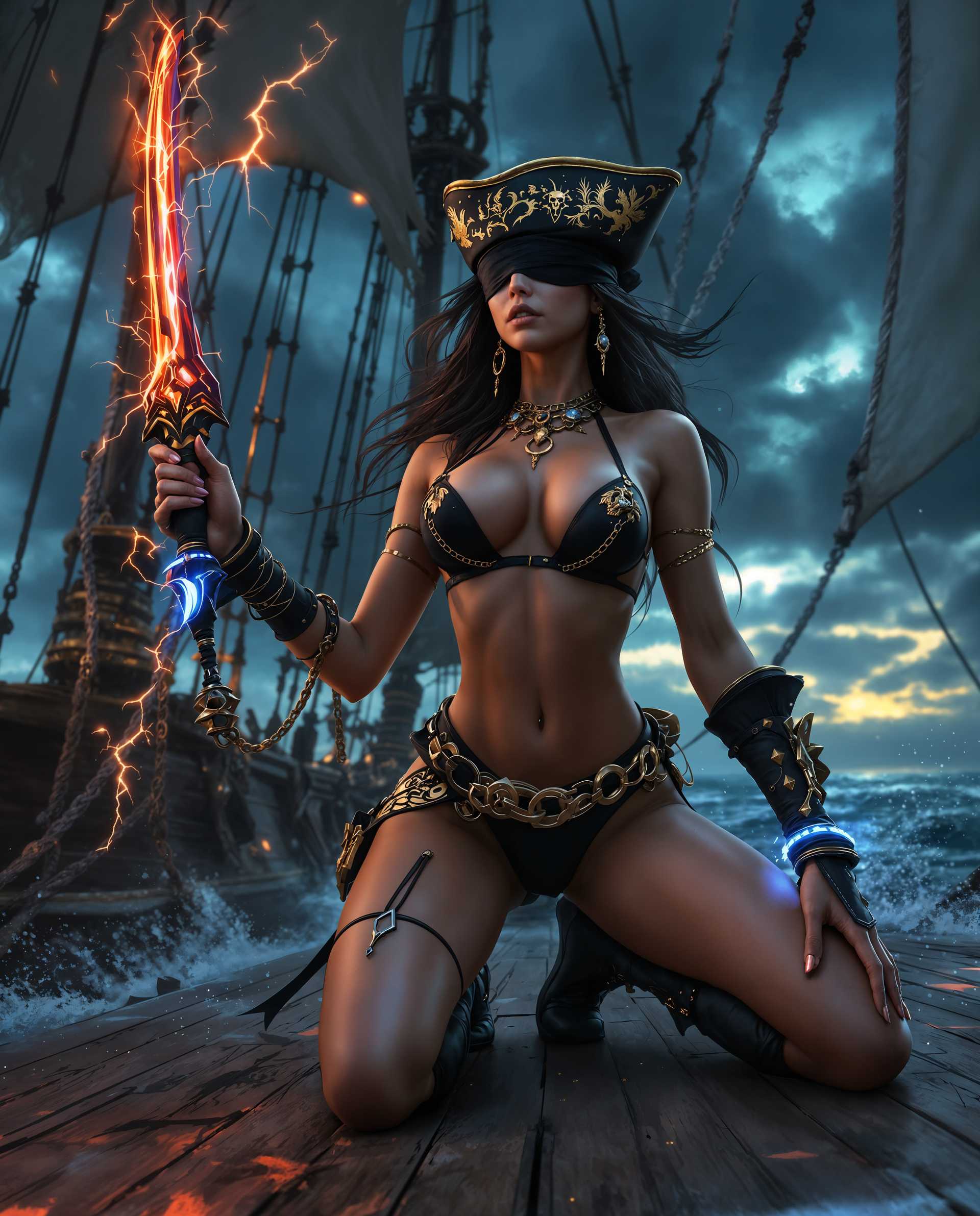 masterpiece, best quality, highres, sharp image, more detail <lora:more_details:0.5> <lora:SDXLrender_v2.0:1>, masterpiece, best quality, highres, sharp image, more detail, A hyper-realistic digital painting of a fierce female pirate kneeling dynamically on the weathered wooden deck of a legendary pirate ship, captured in a dramatic mid-action pose. She wears a striking black and gold pirate outfit, featuring a revealing bikini top with a high slit and a matching bottom with daring high leg cutouts, adorned with intricate gold chains, cuffs, and ornate embroidery that shimmer under the light. A dark blindfold covers her eyes, adding an air of mystery and vulnerability to her powerful stance. In her hands, she grips a glowing red pirate weapon, inspired by the iconic style of the Pirates of the Caribbean, with a mystical blue glow emanating from its tip, casting faint reflections on her skin and surroundings. The art style blends photorealism with classic pirate aesthetics, incorporating subtle futuristic elements in the weapon's design and the outfit's sleek textures. The composition focuses on the character as the central subject, framed at a low angle to emphasize her dominance and the towering masts of the ship in the background, with tattered sails billowing in the wind. The color palette is rich and vibrant, dominated by deep blues of the stormy sea and sky, stark blacks of her outfit, and radiant golds that contrast against the muted, weathered tones of the ship's dark wooden deck. The mood is intense and dramatic, set during a stormy twilight with ominous clouds and faint lightning illuminating the scene, casting dynamic shadows and highlighting the intricate details of her costume and weapon. The atmosphere is charged with tension, blending power and enigma, as sea spray and mist swirl around the ship, enhancing the sense of movement and danger. Rendered with ultra-detailed textures, cinematic lighting, and smooth color gradients, the image evokes the precision of a high-end digital painting combined with the raw energy of a blockbuster film still.