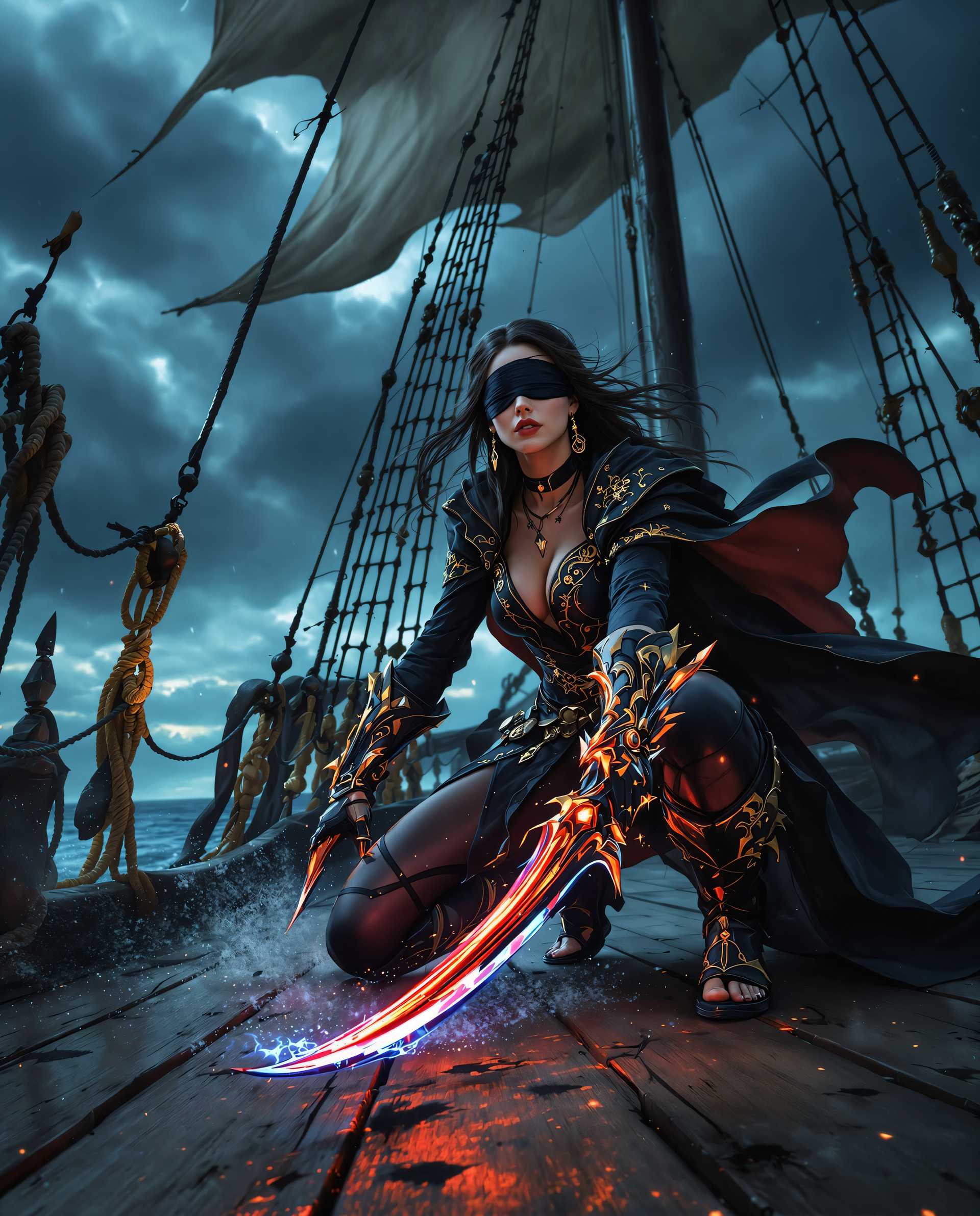 masterpiece, best quality, highres, sharp image, more detail <lora:more_details:0.5> <lora:SDXLrender_v2.0:1>, A hyper-realistic digital painting of a fierce female pirate, dynamically kneeling on the weathered wooden deck of a legendary pirate ship, captured in a dramatic mid-action pose. Her striking black and gold pirate outfit features intricate embroidery and sleek, futuristic textures, with a tattered cape fluttering behind her. A dark blindfold covers her eyes, adding an enigmatic and vulnerable edge to her powerful stance. In her hands, she wields a glowing red pirate weapon, inspired by the iconic style of Pirates of the Caribbean, with a mystical blue glow emanating from its tip, casting ethereal reflections on her skin and the surrounding deck. The art style masterfully blends photorealism with classic pirate aesthetics, incorporating subtle sci-fi elements in the weapon's ornate, otherworldly design. The composition centers on the pirate as the dominant subject, framed from a low camera angle to emphasize her commanding presence, with the towering masts of the ship looming in the background, their tattered sails billowing wildly in the wind. The color palette is rich and vibrant, dominated by deep blues of a stormy sea and sky, stark blacks of her outfit, and radiant golds that contrast against the muted, weathered tones of the dark wooden deck, accented by the crimson and azure glow of her weapon. The mood is intense and cinematic, set during a stormy twilight with ominous, swirling clouds and faint lightning strikes illuminating the scene, casting dramatic shadows and highlighting the intricate details of her costume, weapon, and the ship's rugged surfaces. The atmosphere crackles with tension, blending raw power and mystery, as sea spray and mist swirl around the ship, enhancing the sense of movement and imminent danger. Rendered with ultra-detailed textures—every splinter of wood, stitch of fabric, and ripple of water meticulously crafted—paired with cinematic lighting, smooth color gradients, and a dynamic depth of field, the image evokes the precision of a high-end digital painting and the raw, gripping energy of a blockbuster film still.