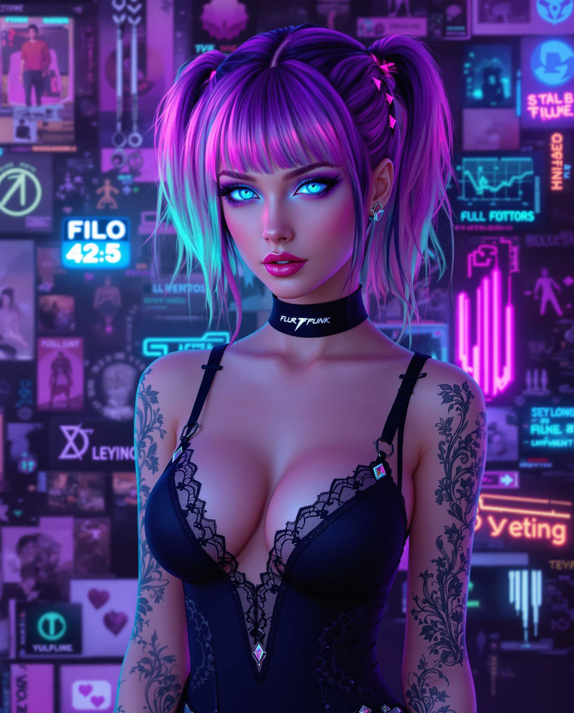 masterpiece, best quality, highres, sharp image, more detail <lora:more_details:0.5> <lora:SDXLrender_v2.0:1>, This image is a realistic photo (photograph) of a female real person digital artwork that features a stylized female figure with a cyberpunk influence. The medium appears to be a digital painting, given the smooth gradients and seamless blending of colors.The colors in the image are predominantly purples and blues, with neon accents that give it a cyberpunk ambiance. The figures hair is a gradient of purples and pinks, with highlights that suggest a luminescent quality, possibly due to the neon lighting in the environment. The eyes of the figure are a striking shade of blue with a metallic sheen, which adds to the cybernetic aesthetic.The figure is wearing a black, formfitting top with lace detailing around the neckline and straps. The top has a lowcut design that reveals the chest, and there are tattoos visible on the arms and torso. The tattoos are intricate and feature a mix of floral and geometric patterns, with a predominant blue and purple color scheme that matches the overall aesthetic of the image.The background is a collage of various images and symbols, including what appears to be circuitry patterns, holographic displays, and neon signs. These elements contribute to the cyberpunk atmosphere and suggest a setting that is both futuristic and technologically advanced.Overall, the image conveys a sense of edgy, futuristic femininity, with a strong emphasis on technology and cybernetic enhancements. The use of vibrant colors and detailed tattoos on the figure add to the overall aesthetic, creating a visually striking and immersive cyberpunk scene.
