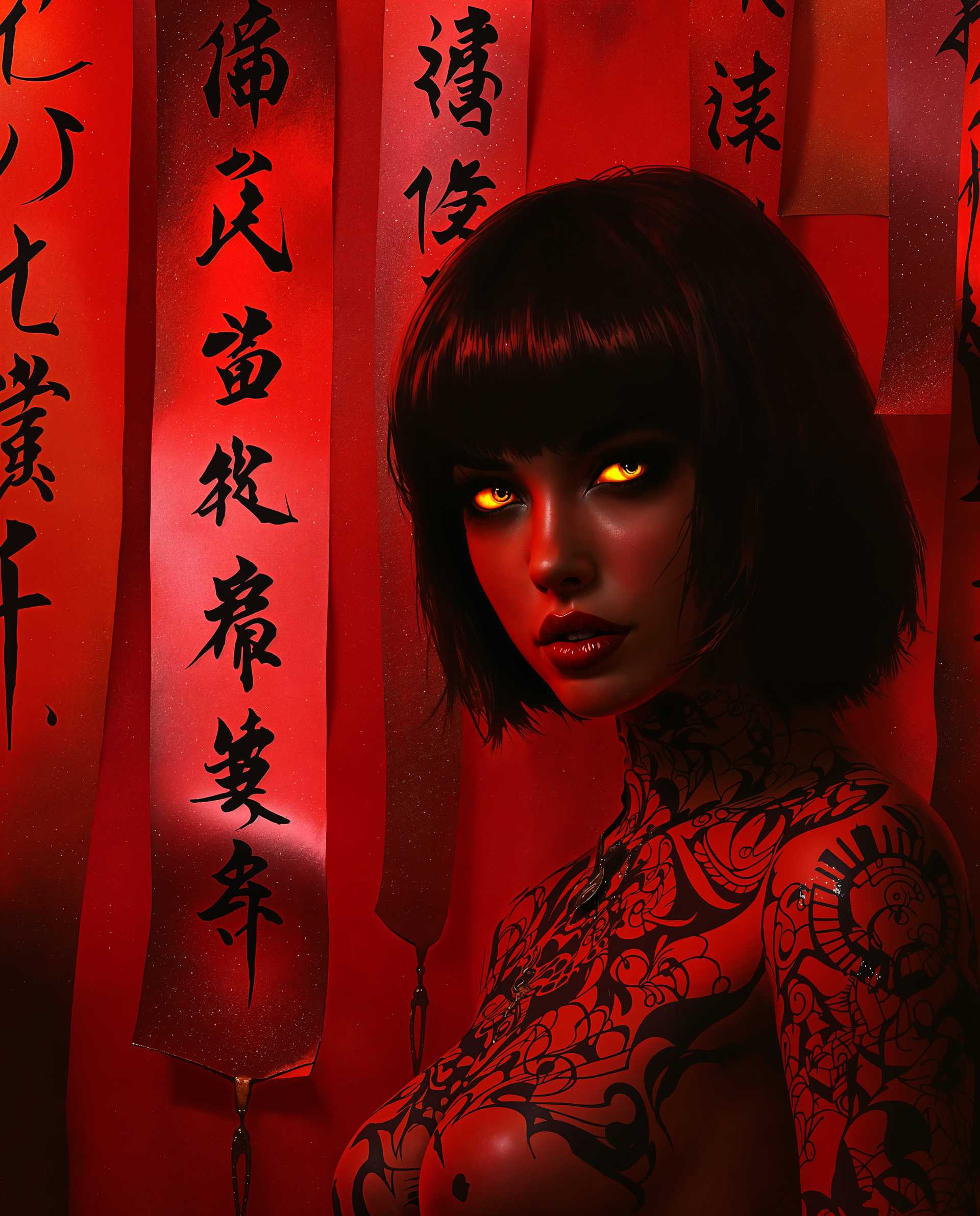 masterpiece, best quality, highres, sharp image, more detail <lora:more_details:0.5> <lora:SDXLrender_v2.0:1>, masterpiece, best quality, highres, sharp image, more detail, This is a realistic photo (photograph) of a female real person image that exudes a sense of mystery and otherworldliness. The medium appears to be digital painting, given the smooth gradients and the lack of texture that one might expect from traditional mediums like oil or watercolor.The colors in the image are bold and dramatic, with a predominance of reds and oranges that give the scene a fiery and intense atmosphere. The reds range from deep crimson to bright scarlet, with some areas having a metallic sheen that suggests a reflective or glowing quality. The oranges are warm and vibrant, creating a contrast with the reds and adding depth to the color scheme.The objects in the image are primarily two vertical strips of paper with Japanese Kanji characters written on them. These papers are attached to a wall that is covered with similar strips, creating a sense of a crowded, bustling environment. The Kanji characters are written in a calligraphic style, with fluid and dynamic strokes that convey movement and energy.The character in the image is a woman with short, dark hair and piercing yellow eyes that stand out against her dark hair and the red background. Her skin is a deep brown, and she has a tattoo covering most of her upper body. The tattoo is intricate and detailed, with a mix of red and black ink that stands out against her skin. The tattoo appears to be a blend of traditional Japanese Irezumi and other, more abstract or stylized designs.The overall effect of the image is one of intensity and drama, with a strong sense of otherworldliness and mystery. The use of color, the detailed tattoo, and the Kanji characters all contribute to a feeling of depth and complexity, inviting the viewer to delve deeper into the world depicted in the image.