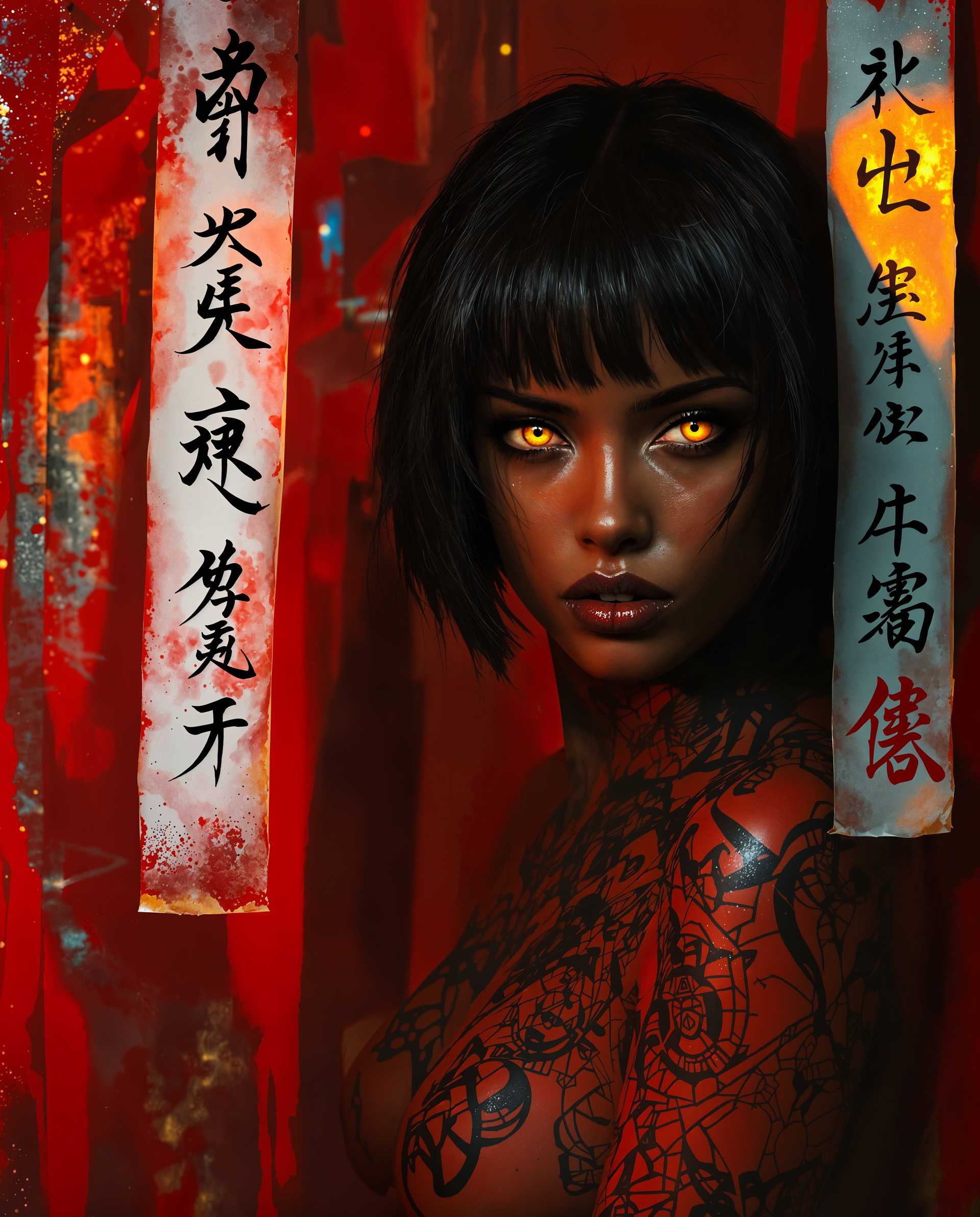 masterpiece, best quality, highres, sharp image, more detail <lora:more_details:0.5> <lora:SDXLrender_v2.0:1>, masterpiece, best quality, highres, sharp image, more detail, This is a realistic photo (photograph) of a female real person image that exudes a sense of mystery and otherworldliness. The medium appears to be digital painting, given the smooth gradients and the lack of texture that one might expect from traditional mediums like oil or watercolor.The colors in the image are bold and dramatic, with a predominance of reds and oranges that give the scene a fiery and intense atmosphere. The reds range from deep crimson to bright scarlet, with some areas having a metallic sheen that suggests a reflective or glowing quality. The oranges are warm and vibrant, creating a contrast with the reds and adding depth to the color scheme.The objects in the image are primarily two vertical strips of paper with Japanese Kanji characters written on them. These papers are attached to a wall that is covered with similar strips, creating a sense of a crowded, bustling environment. The Kanji characters are written in a calligraphic style, with fluid and dynamic strokes that convey movement and energy.The character in the image is a woman with short, dark hair and piercing yellow eyes that stand out against her dark hair and the red background. Her skin is a deep brown, and she has a tattoo covering most of her upper body. The tattoo is intricate and detailed, with a mix of red and black ink that stands out against her skin. The tattoo appears to be a blend of traditional Japanese Irezumi and other, more abstract or stylized designs.The overall effect of the image is one of intensity and drama, with a strong sense of otherworldliness and mystery. The use of color, the detailed tattoo, and the Kanji characters all contribute to a feeling of depth and complexity, inviting the viewer to delve deeper into the world depicted in the image.