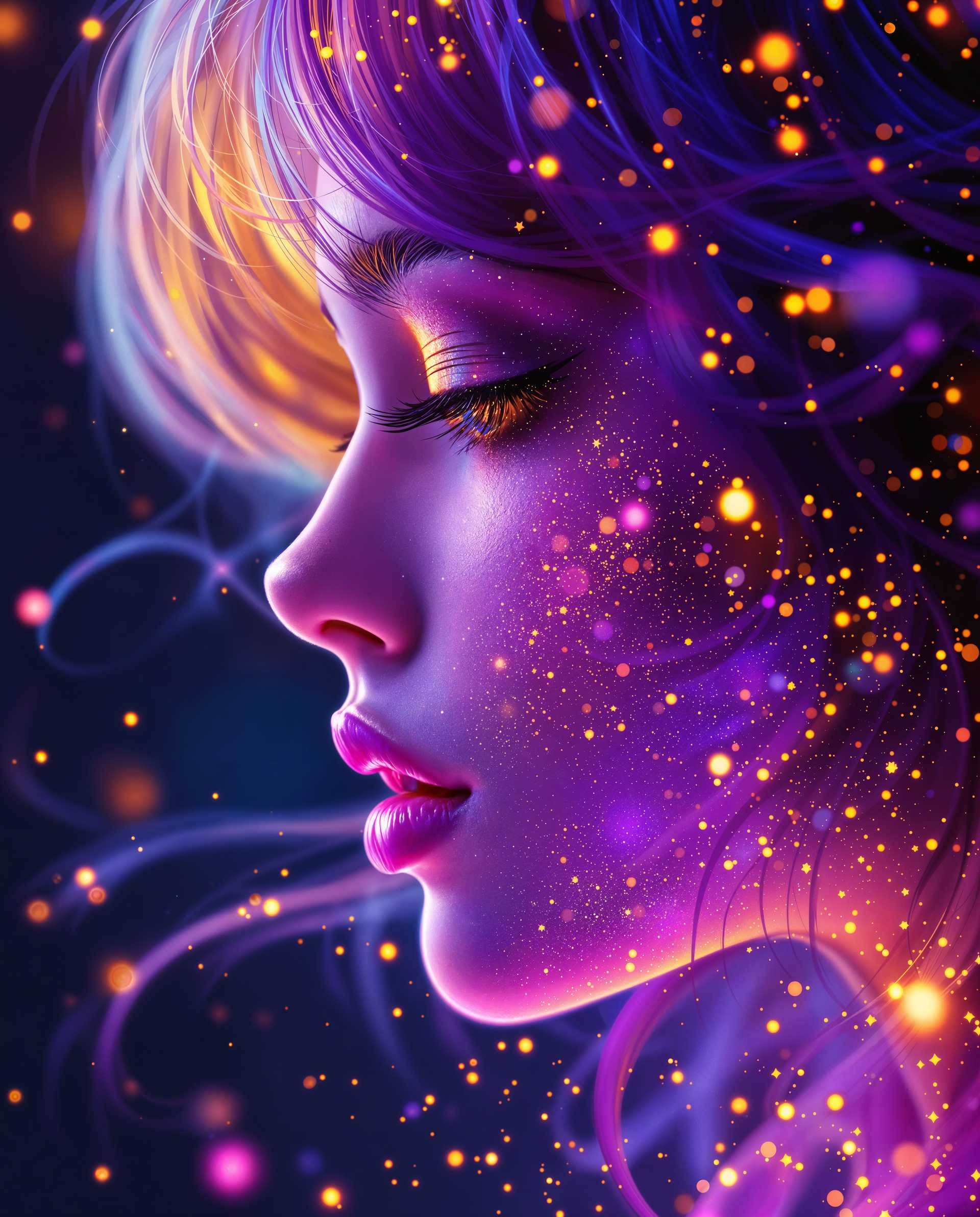 masterpiece, best quality, highres, sharp image, more detail <lora:more_details:0.5> <lora:SDXLrender_v2.0:1>, masterpiece, best quality, highres, sharp image, more detail, This image is a realistic photo (photograph) of a female real person digital artwork that features a closeup profile view of a person. The art style is highly stylized and appears to be a blend of digital painting and illustration, with a strong emphasis on vibrant colors and dynamic lighting effects.The medium seems to be a digital painting software, as evidenced by the smooth blending of colors and the absence of brush strokes. The image has a high level of detail, with intricate patterns and textures that are typical of digital art.The colors in the image are rich and saturated, with a predominance of purples, blues, and pinks. There are also bright accents of yellow, orange, and red, which add to the overall sense of energy and movement in the piece. The lighting in the image is dramatic, with areas of deep shadow contrasted against areas of intense highlight, creating a sense of depth and dimension.The objects in the image are primarily the subjects hair and the surrounding space. The hair is depicted with a high level of detail, with individual strands and highlights that give it a realistic texture. The surrounding space is filled with a myriad of small, sparkling particles that resemble stars or distant galaxies, adding to the cosmic and dreamlike quality of the artwork.Overall, the image exudes a sense of realism and otherworldliness, with its vibrant colors, dynamic lighting, and intricate details. It is a visually striking piece that captures the viewers attention and invites them to immerse themselves in its surreal world.