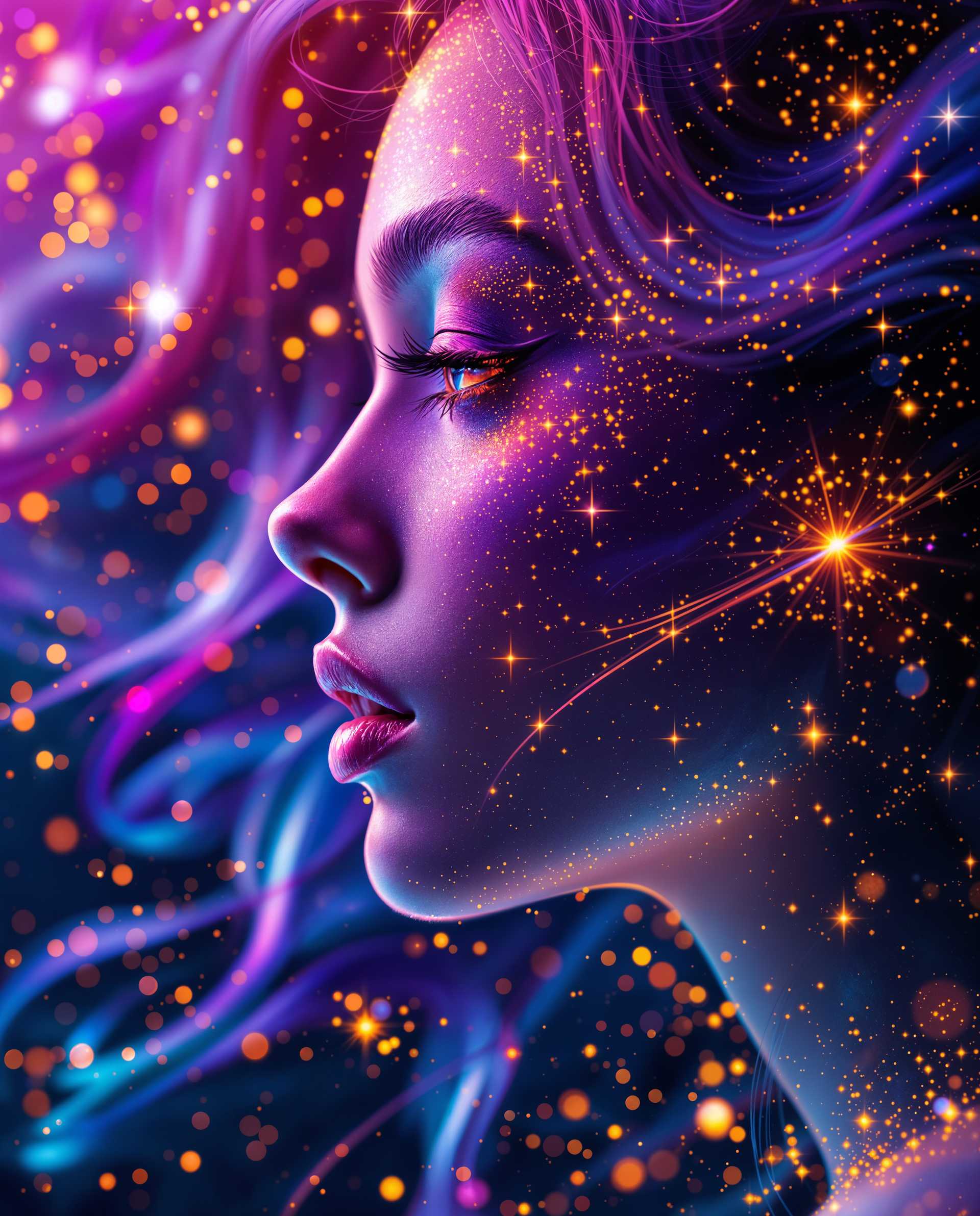 masterpiece, best quality, highres, sharp image, more detail <lora:more_details:0.5> <lora:SDXLrender_v2.0:1>, masterpiece, best quality, highres, sharp image, more detail, This image is a realistic photo (photograph) of a female real person digital artwork that features a closeup profile view of a person. The art style is highly stylized and appears to be a blend of digital painting and illustration, with a strong emphasis on vibrant colors and dynamic lighting effects.The medium seems to be a digital painting software, as evidenced by the smooth blending of colors and the absence of brush strokes. The image has a high level of detail, with intricate patterns and textures that are typical of digital art.The colors in the image are rich and saturated, with a predominance of purples, blues, and pinks. There are also bright accents of yellow, orange, and red, which add to the overall sense of energy and movement in the piece. The lighting in the image is dramatic, with areas of deep shadow contrasted against areas of intense highlight, creating a sense of depth and dimension.The objects in the image are primarily the subjects hair and the surrounding space. The hair is depicted with a high level of detail, with individual strands and highlights that give it a realistic texture. The surrounding space is filled with a myriad of small, sparkling particles that resemble stars or distant galaxies, adding to the cosmic and dreamlike quality of the artwork.Overall, the image exudes a sense of realism and otherworldliness, with its vibrant colors, dynamic lighting, and intricate details. It is a visually striking piece that captures the viewers attention and invites them to immerse themselves in its surreal world.