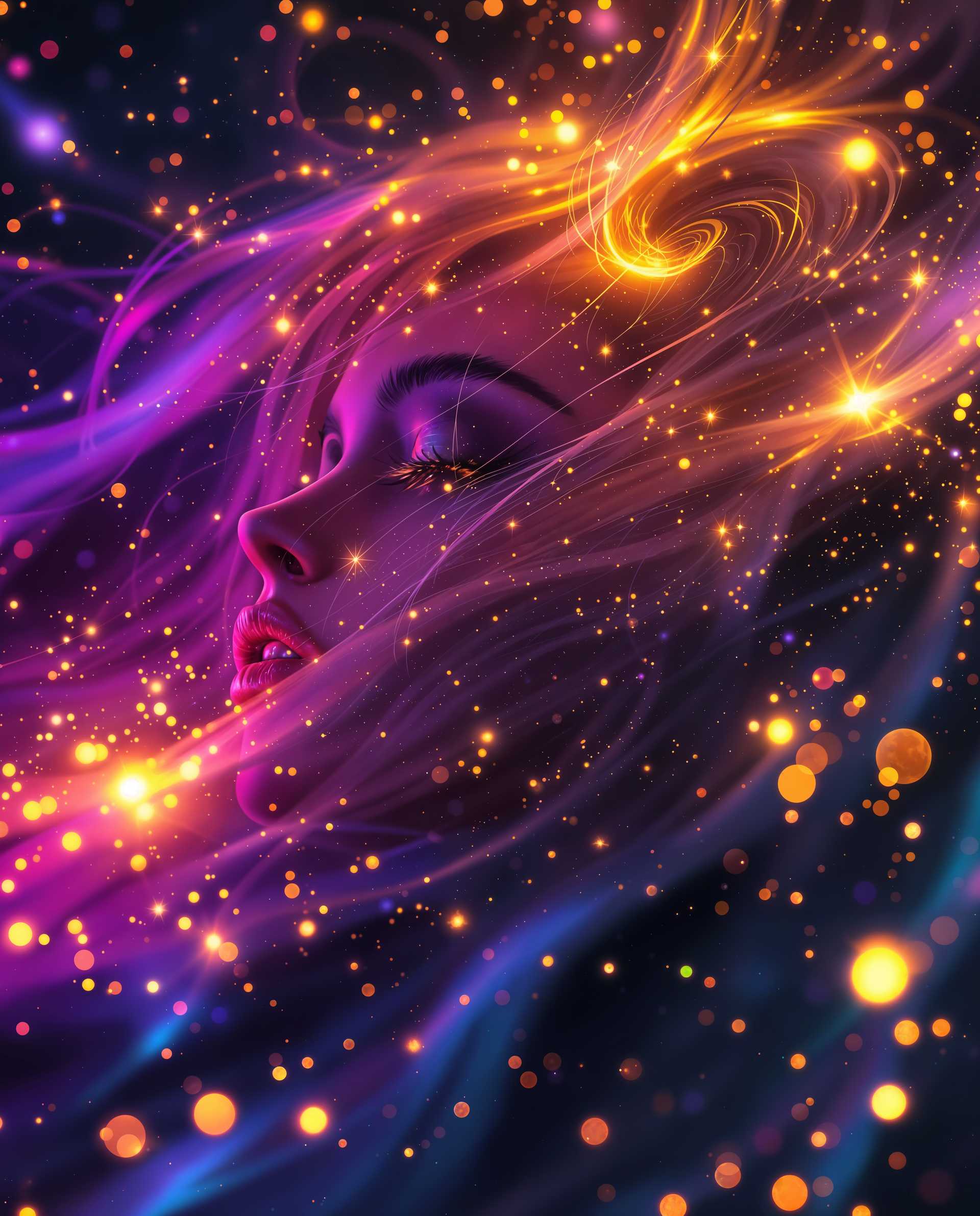 masterpiece, best quality, highres, sharp image, more detail <lora:more_details:0.5> <lora:SDXLrender_v2.0:1>, masterpiece, best quality, highres, sharp image, more detail, This image is a realistic photo (photograph) of a female real person digital artwork that features a closeup profile view of a person. The art style is highly stylized and appears to be a blend of digital painting and illustration, with a strong emphasis on vibrant colors and dynamic lighting effects.The medium seems to be a digital painting software, as evidenced by the smooth blending of colors and the absence of brush strokes. The image has a high level of detail, with intricate patterns and textures that are typical of digital art.The colors in the image are rich and saturated, with a predominance of purples, blues, and pinks. There are also bright accents of yellow, orange, and red, which add to the overall sense of energy and movement in the piece. The lighting in the image is dramatic, with areas of deep shadow contrasted against areas of intense highlight, creating a sense of depth and dimension.The objects in the image are primarily the subjects hair and the surrounding space. The hair is depicted with a high level of detail, with individual strands and highlights that give it a realistic texture. The surrounding space is filled with a myriad of small, sparkling particles that resemble stars or distant galaxies, adding to the cosmic and dreamlike quality of the artwork.Overall, the image exudes a sense of realism and otherworldliness, with its vibrant colors, dynamic lighting, and intricate details. It is a visually striking piece that captures the viewers attention and invites them to immerse themselves in its surreal world.