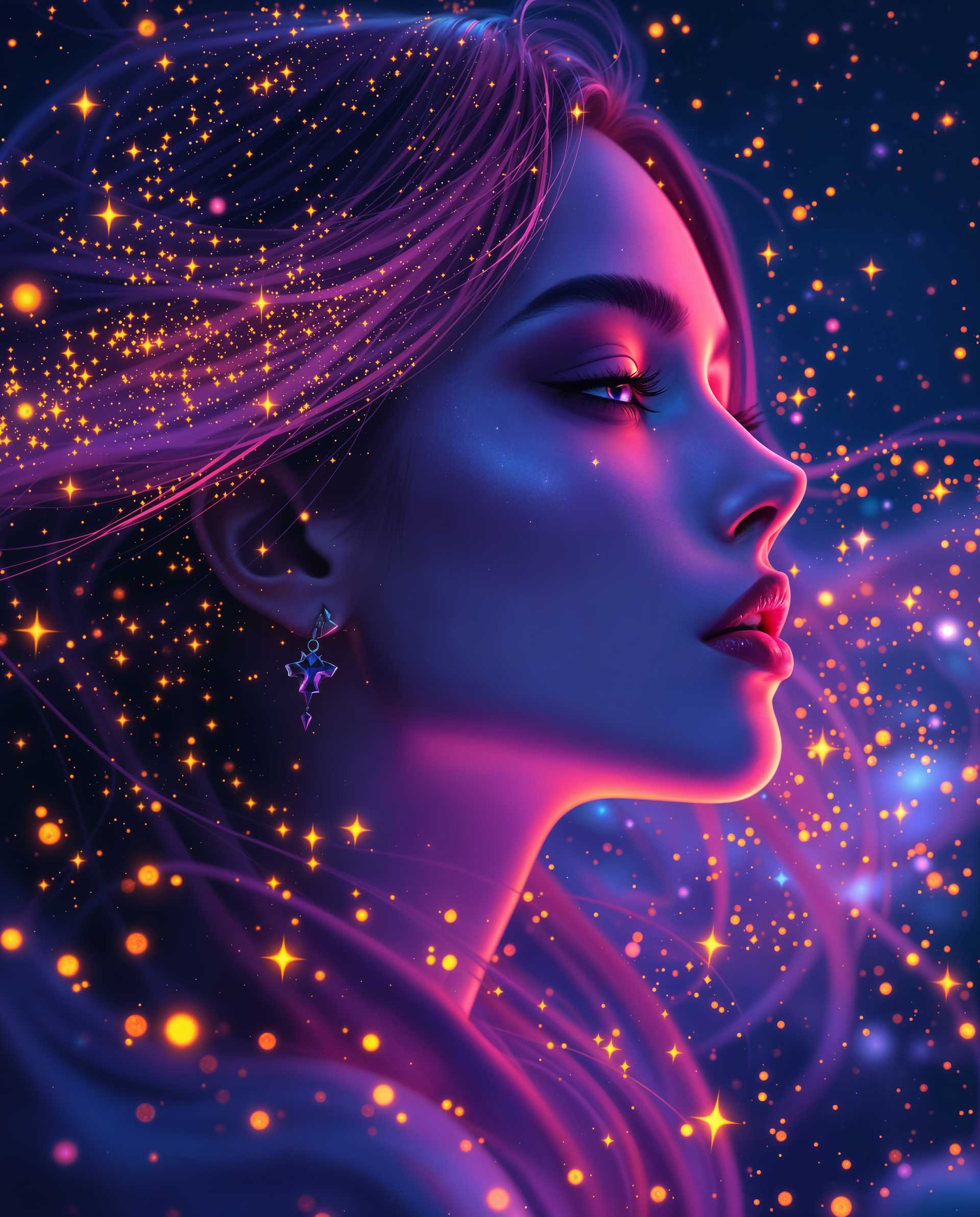 masterpiece, best quality, highres, sharp image, more detail <lora:more_details:0.5> <lora:SDXLrender_v2.0:1>, masterpiece, best quality, highres, sharp image, more detail, A hyper-realistic digital artwork of a female figure in a close-up profile view, crafted with a blend of digital painting and stylized illustration. The composition focuses tightly on the subject’s face and hair, framed to emphasize intricate details and textures. The art style is vibrant and modern, with smooth color blending characteristic of high-end digital painting software, showcasing a polished, brushstroke-free finish. The color palette is bold and saturated, dominated by deep purples, blues, and pinks, with striking accents of luminous yellow, fiery orange, and vivid red, infusing the piece with energy and motion. Dramatic lighting enhances the depth and dimension, featuring intense highlights that illuminate the subject’s features against deep, velvety shadows, creating a cinematic effect. The subject’s hair is rendered with extraordinary realism, each strand meticulously detailed with subtle highlights and a silky texture. Surrounding the figure, the background is an ethereal cosmic expanse, filled with tiny, glittering particles resembling stars or distant galaxies, evoking a dreamlike, otherworldly atmosphere. The mood is surreal yet grounded, balancing realism with a sense of wonder, set against a backdrop of infinite space. The overall ambiance is enchanting and dynamic, captured as if under a twilight sky, with a focus on high contrast and luminous glow, inviting viewers into a mesmerizing, fantastical world.