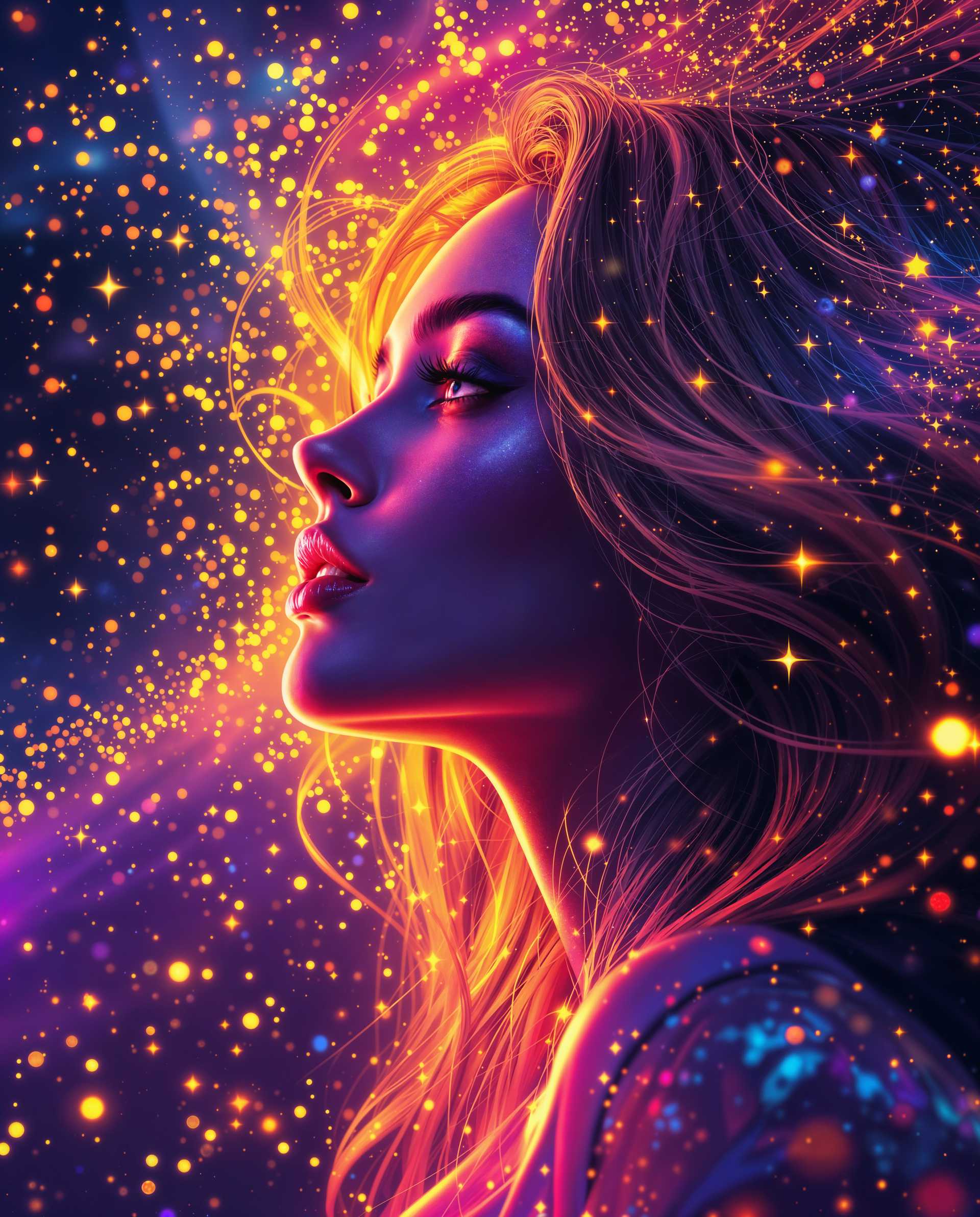 masterpiece, best quality, highres, sharp image, more detail <lora:more_details:0.5> <lora:SDXLrender_v2.0:1>, masterpiece, best quality, highres, sharp image, more detail, A hyper-realistic digital artwork of a female figure in a close-up profile view, crafted with a blend of digital painting and stylized illustration. The composition focuses tightly on the subject’s face and hair, framed to emphasize intricate details and textures. The art style is vibrant and modern, with smooth color blending characteristic of high-end digital painting software, showcasing a polished, brushstroke-free finish. The color palette is bold and saturated, dominated by deep purples, blues, and pinks, with striking accents of luminous yellow, fiery orange, and vivid red, infusing the piece with energy and motion. Dramatic lighting enhances the depth and dimension, featuring intense highlights that illuminate the subject’s features against deep, velvety shadows, creating a cinematic effect. The subject’s hair is rendered with extraordinary realism, each strand meticulously detailed with subtle highlights and a silky texture. Surrounding the figure, the background is an ethereal cosmic expanse, filled with tiny, glittering particles resembling stars or distant galaxies, evoking a dreamlike, otherworldly atmosphere. The mood is surreal yet grounded, balancing realism with a sense of wonder, set against a backdrop of infinite space. The overall ambiance is enchanting and dynamic, captured as if under a twilight sky, with a focus on high contrast and luminous glow, inviting viewers into a mesmerizing, fantastical world.