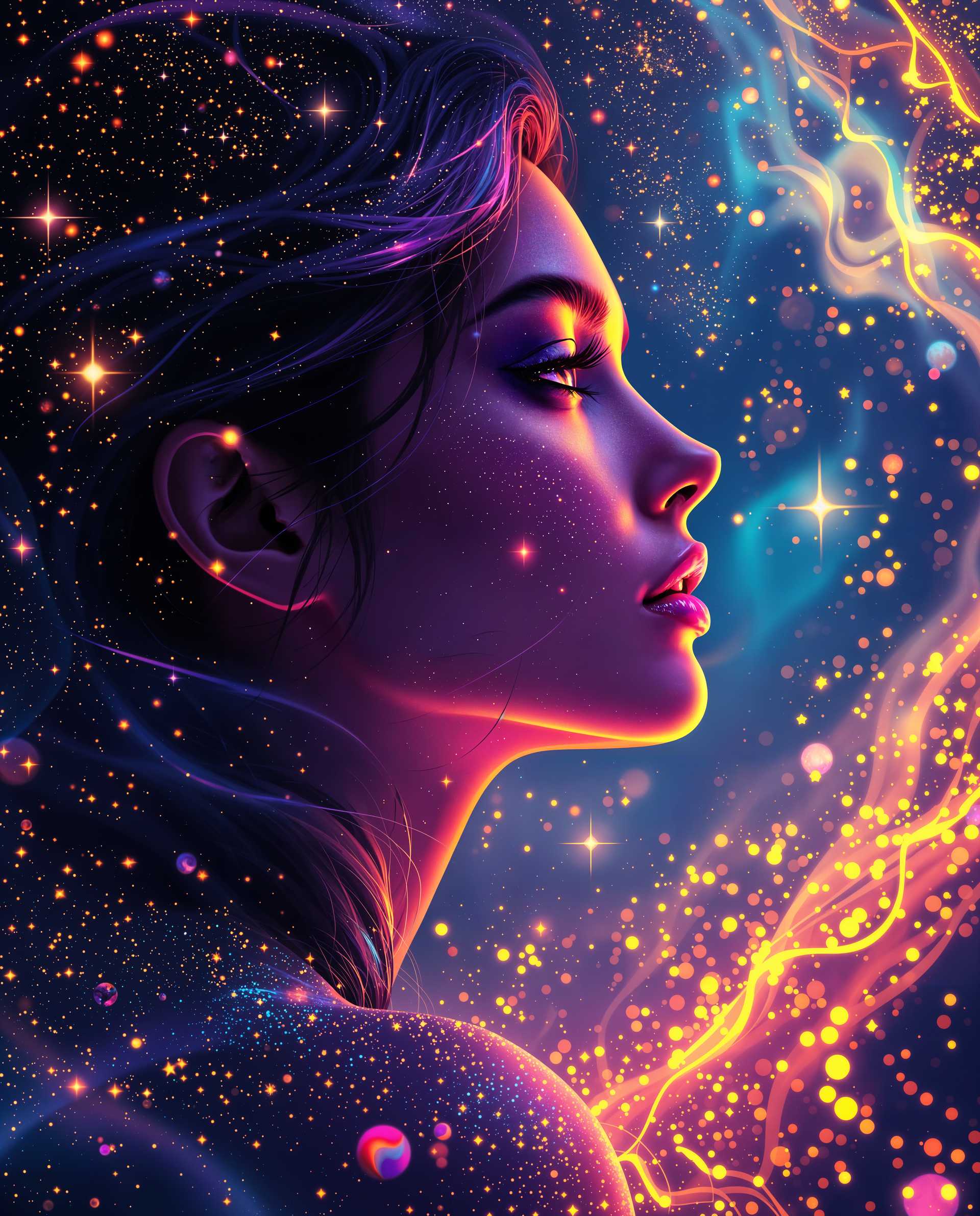 masterpiece, best quality, highres, sharp image, more detail <lora:more_details:0.5> <lora:SDXLrender_v2.0:1>, masterpiece, best quality, highres, sharp image, more detail, A hyper-realistic digital artwork of a female figure in a close-up profile view, crafted with a blend of digital painting and stylized illustration. The composition focuses tightly on the subject’s face and hair, framed to emphasize intricate details and textures. The art style is vibrant and modern, with smooth color blending characteristic of high-end digital painting software, showcasing a polished, brushstroke-free finish. The color palette is bold and saturated, dominated by deep purples, blues, and pinks, with striking accents of luminous yellow, fiery orange, and vivid red, infusing the piece with energy and motion. Dramatic lighting enhances the depth and dimension, featuring intense highlights that illuminate the subject’s features against deep, velvety shadows, creating a cinematic effect. The subject’s hair is rendered with extraordinary realism, each strand meticulously detailed with subtle highlights and a silky texture. Surrounding the figure, the background is an ethereal cosmic expanse, filled with tiny, glittering particles resembling stars or distant galaxies, evoking a dreamlike, otherworldly atmosphere. The mood is surreal yet grounded, balancing realism with a sense of wonder, set against a backdrop of infinite space. The overall ambiance is enchanting and dynamic, captured as if under a twilight sky, with a focus on high contrast and luminous glow, inviting viewers into a mesmerizing, fantastical world.