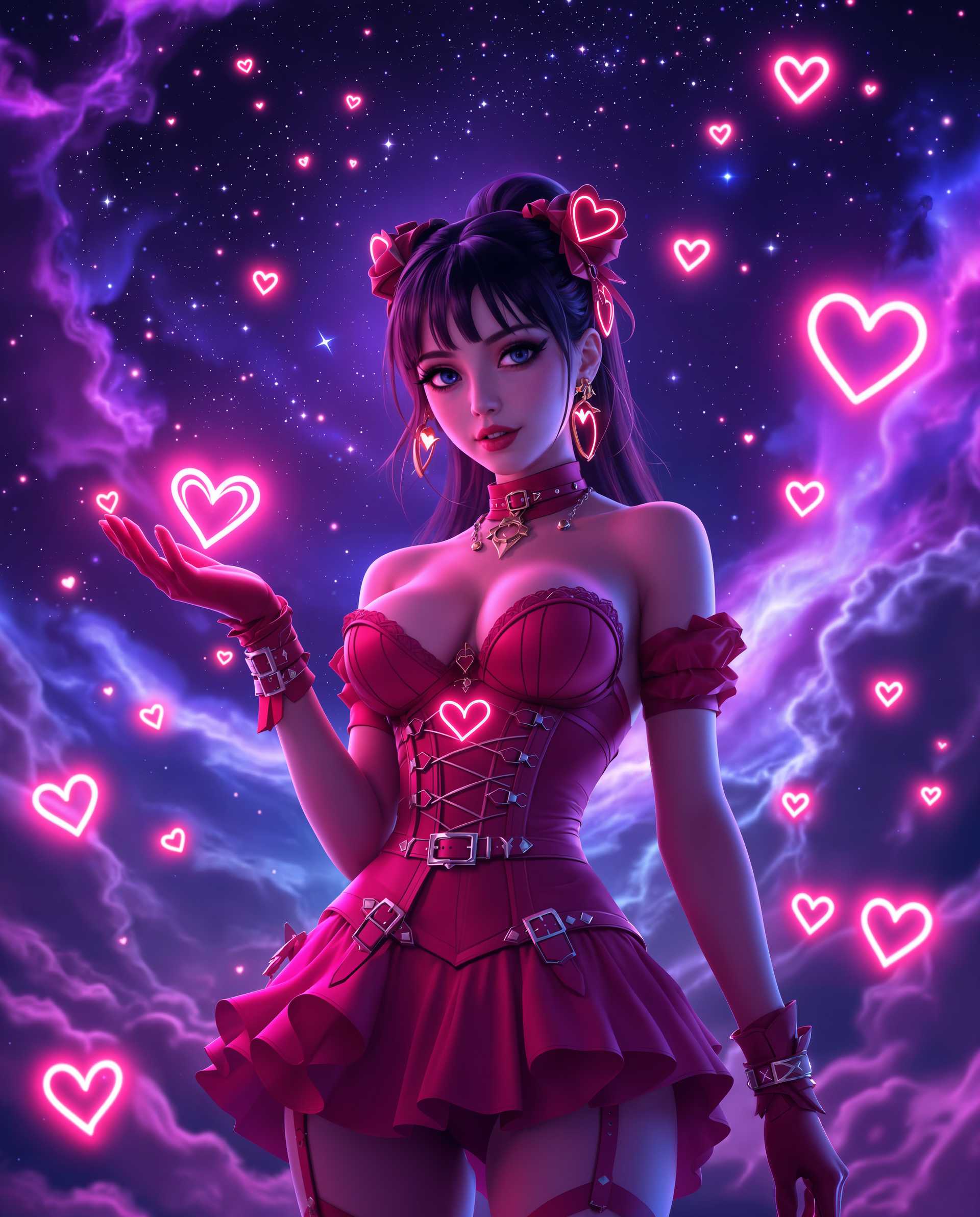 masterpiece, best quality, highres, sharp image, more detail <lora:more_details:0.5> <lora:SDXLrender_v2.0:1>, masterpiece, best quality, highres, sharp image, more detail, A hyper-realistic digital painting of a female character, blending photorealistic detail with a vibrant, stylized design. The art style is inspired by modern digital illustration, featuring bold, crisp outlines and a striking three-dimensional effect achieved through meticulous rendering. The medium is a high-end digital artwork, created with advanced software to emulate the depth and texture of a real photograph. The lighting is dramatic, with a masterful interplay of highlights and deep shadows that sculpt the character's form and surroundings, enhancing the sense of realism and volume. The color palette is rich and emotive, dominated by deep purples, cool blues, and soft pinks, contrasted by vivid red accents on the character's clothing and accessories, creating a moody yet captivating atmosphere. Neon-like outlines and glowing effects shimmer around the character and background elements, adding a futuristic, ethereal vibe.

The character is the focal point, positioned centrally in a dynamic pose, exuding confidence and charm. She wears an intricately detailed costume with heart motifs and symbolic designs: a corset-style bodice adorned with straps and buckles, a high-waisted skirt with a ruffled hem, and gloves featuring heart-shaped cutouts. In her hand, she delicately holds a small, glowing heart-shaped object, mirroring the larger neon hearts floating in the background. The composition is carefully balanced, with a close-up, slightly low-angle perspective that emphasizes her commanding presence against the expansive backdrop.

The background is a mesmerizing cosmic scene, depicting a vast night sky filled with twinkling stars and swirling nebulae in shades of violet and indigo. Scattered throughout are glowing neon signs and symbols, reinforcing the futuristic, otherworldly aesthetic. The atmosphere is dreamy and surreal, evoking a sense of wonder and mystery, as if captured during a quiet, starlit night in a distant galaxy. The overall mood is immersive and enchanting, blending elements of realism, pop culture, and sci-fi fantasy into a cohesive, visually striking masterpiece. Rendered in ultra-high definition, with attention to fine textures, subtle gradients, and a cinematic depth of field.