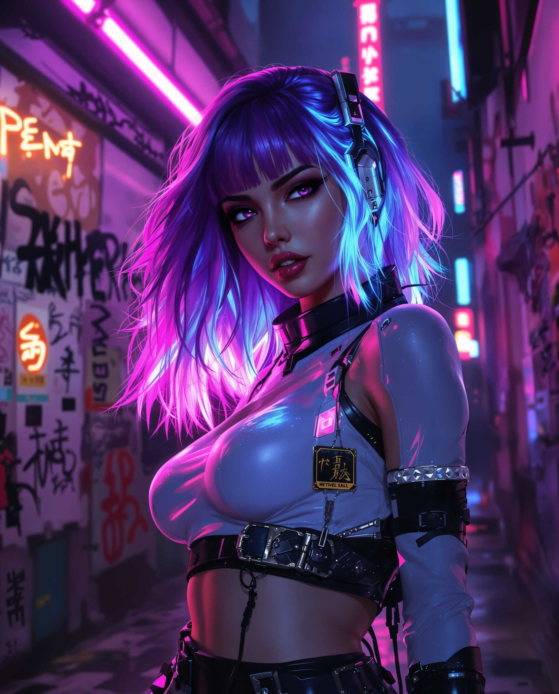 masterpiece, best quality, highres, sharp image, more detail <lora:more_details:0.5> <lora:SDXLrender_v2.0:1>, masterpiece, best quality, highres, sharp image, more detail, A hyper-realistic digital painting of a stylized female character with a distinct cyberpunk aesthetic, set in a futuristic urban environment. The character features striking, luminous hair with smooth gradients of vibrant purple and blue, cascading in dynamic waves. Her outfit is a sleek combination of white and black with metallic accents, reflecting the surrounding neon lights in shades of pink, purple, and blue, enhancing the high-tech, edgy vibe. The background depicts a gritty cityscape with weathered walls covered in intricate graffiti tags, posters, and illegible symbols, adding depth and a lived-in feel to the scene. The composition focuses on the character in the foreground, positioned slightly off-center, captured from a low-angle perspective to emphasize her commanding presence. Dramatic lighting casts deep shadows across her form, with neon glows illuminating key details of her face and clothing, creating a striking contrast. The mood is intense and mysterious, evoking a late-night atmosphere in a bustling, dystopian metropolis, with a subtle haze in the air suggesting a humid or rainy evening. Rendered with photorealistic detail, smooth gradients, and a polished finish, the image mirrors the quality of a high-end digital illustration, emphasizing sharp edges, reflective surfaces, and a vivid, saturated color palette.