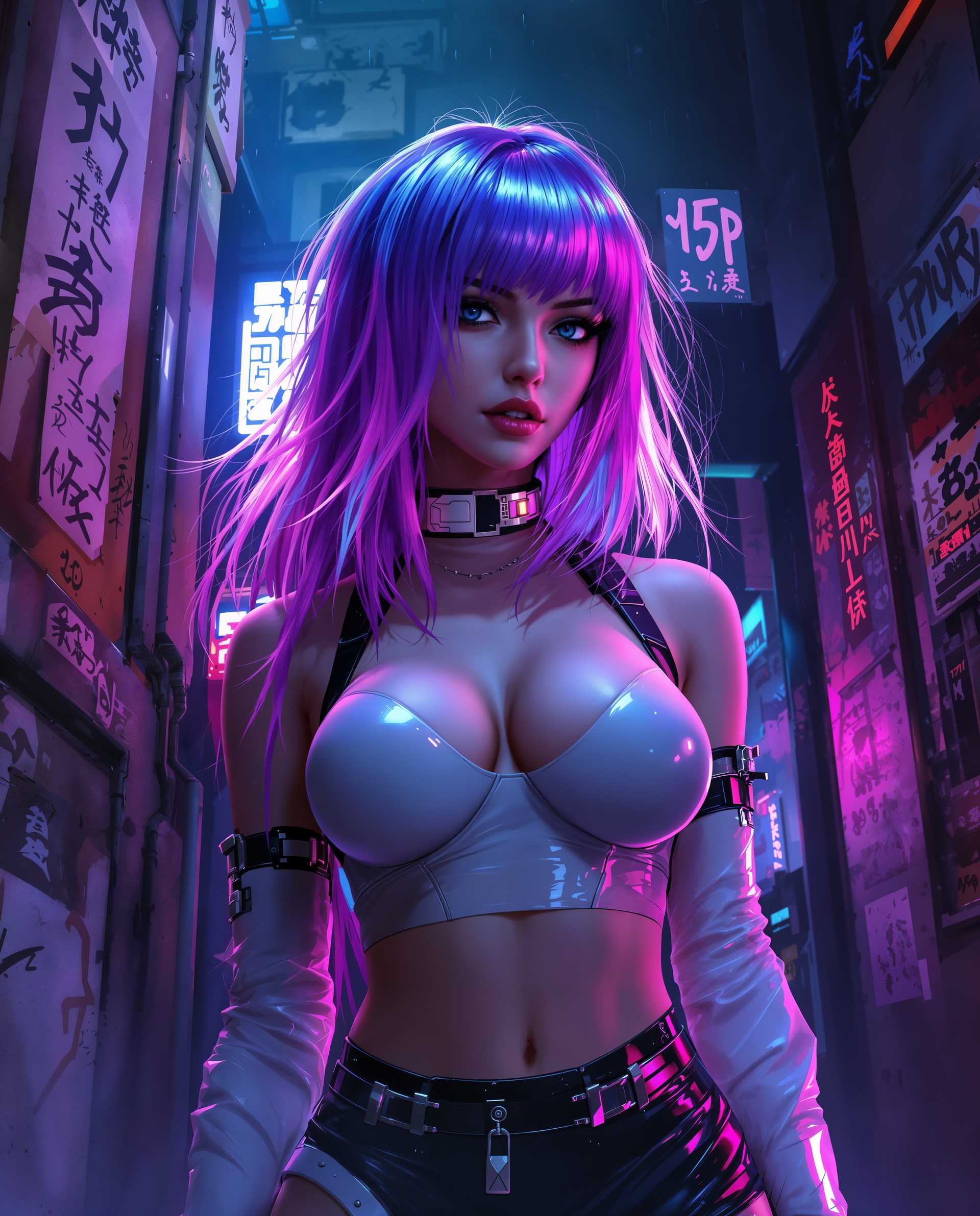 masterpiece, best quality, highres, sharp image, more detail <lora:more_details:0.5> <lora:SDXLrender_v2.0:1>, masterpiece, best quality, highres, sharp image, more detail, A hyper-realistic digital painting of a stylized female character with a distinct cyberpunk aesthetic, set in a futuristic urban environment. The character features striking, luminous hair with smooth gradients of vibrant purple and blue, cascading in dynamic waves. Her outfit is a sleek combination of white and black with metallic accents, reflecting the surrounding neon lights in shades of pink, purple, and blue, enhancing the high-tech, edgy vibe. The background depicts a gritty cityscape with weathered walls covered in intricate graffiti tags, posters, and illegible symbols, adding depth and a lived-in feel to the scene. The composition focuses on the character in the foreground, positioned slightly off-center, captured from a low-angle perspective to emphasize her commanding presence. Dramatic lighting casts deep shadows across her form, with neon glows illuminating key details of her face and clothing, creating a striking contrast. The mood is intense and mysterious, evoking a late-night atmosphere in a bustling, dystopian metropolis, with a subtle haze in the air suggesting a humid or rainy evening. Rendered with photorealistic detail, smooth gradients, and a polished finish, the image mirrors the quality of a high-end digital illustration, emphasizing sharp edges, reflective surfaces, and a vivid, saturated color palette.