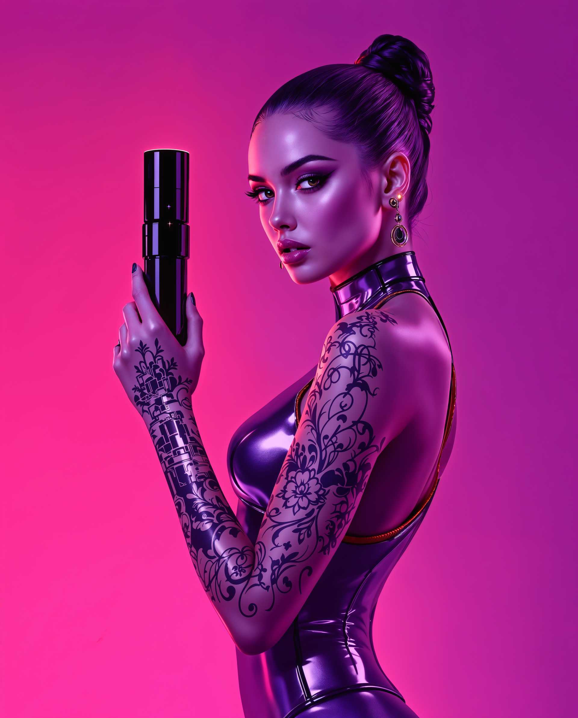 masterpiece, best quality, highres, sharp image, more detail <lora:more_details:0.5> <lora:SDXLrender_v2.0:1>, masterpiece, best quality, highres, sharp image, more detail, A hyper-realistic digital painting of a stylized female figure, captured with the precision and detail of a professional studio photograph. The artwork is drenched in vibrant, monochromatic tones of purple and pink, with the figure's skin rendered in silky-smooth gradients of these hues, showcasing meticulously crafted highlights and soft shadows that create a striking sense of depth and three-dimensionality. She is dressed in a sleek, form-fitting outfit made of a glossy, metallic material that catches the light with subtle, mirror-like reflections, featuring a high neckline, a daring low-cut back, and a bold red trim tracing down the center of her spine for a dramatic accent. Her left arm is adorned with an intricate tattoo of delicate floral motifs and abstract geometric shapes, rendered in complementary shades of purple and pink, stretching from her shoulder to her forearm and partially visible within the frame, adding a layer of personal storytelling to her design.

The figure stands in a dynamic, confident pose, exuding intensity and strength, her right hand firmly gripping a sleek, cylindrical object resembling a futuristic flashlight or torch. This object is jet black with a highly reflective, polished surface, emitting a soft, warm amber glow from its tip, which gently illuminates her hand and casts subtle, golden light across her arm, creating a captivating interplay of light and shadow. The background is a seamless gradient, transitioning from a deep, rich magenta at the top to a lighter, ethereal pink at the bottom, amplifying the dramatic and otherworldly atmosphere of the scene.

The composition is framed as a medium close-up shot, with the figure positioned slightly off-center to the left, her piercing gaze directed straight at the viewer, establishing a powerful and magnetic focal point. Cinematic lighting enhances the drama, with a soft, directional light source emanating from the upper left, casting elegant, sculpted shadows across her form, accentuating the curves of her metallic outfit and the flawless texture of her skin. The mood is bold, enigmatic, and futuristic, steeped in a cyberpunk aesthetic with an ambiance of mystery, energy, and cutting-edge allure, reminiscent of a sci-fi or fantasy narrative. The image is rendered in ultra-high detail, prioritizing photorealistic textures, precise color blending, and a polished, professional finish, evoking the style of modern digital art masters in the sci-fi and fantasy genres, with an emphasis on intricate details, lifelike reflections, and a hyper-detailed 8K resolution quality.