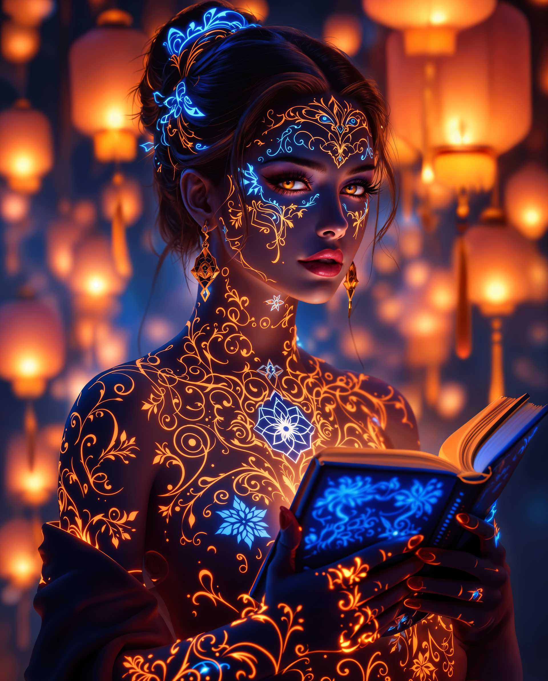 masterpiece, best quality, highres, sharp image, more detail <lora:more_details:0.5> <lora:SDXLrender_v2.0:1>, masterpiece, best quality, highres, sharp image, more detail, This is a realistic photo (photograph) of a female real person image that exudes a sense of mystique and fantasy, with a strong emphasis on glowing neon blues and warm oranges. The art style is reminiscent of digital illustration, with a high level of detail and smooth color gradients that give the image a threedimensional quality.The medium appears to be a digital painting, as evidenced by the clean lines and the way the colors blend seamlessly into one another. The use of lighting and shadow is also indicative of digital art, as it allows for a more controlled and nuanced approach to the play of light and dark.The colors in the image are striking and vibrant. The blues are a deep, rich navy, with neon accents that pop against the darker background. The oranges are warm and inviting, with a soft glow that contrasts beautifully with the cool blues. The interplay between these two color palettes creates a dynamic and eyecatching visual.The objects in the image are primarily the glowing neon patterns that adorn the characters body and the book she is holding. The patterns are intricate and symmetrical, with swirls and spirals that suggest movement and energy. The book itself has a similar design, with a blue cover that matches the characters skin tone and the overall color scheme of the image.The background of the image is filled with floating lanterns, which cast a warm orange light that adds to the magical atmosphere of the scene. The lanterns are detailed with patterns and designs that echo the characters body art, reinforcing the theme of the image.Overall, the image is a stunning example of digital illustration, with a captivating blend of colors, intricate patterns, and a sense of otherworldly magic.