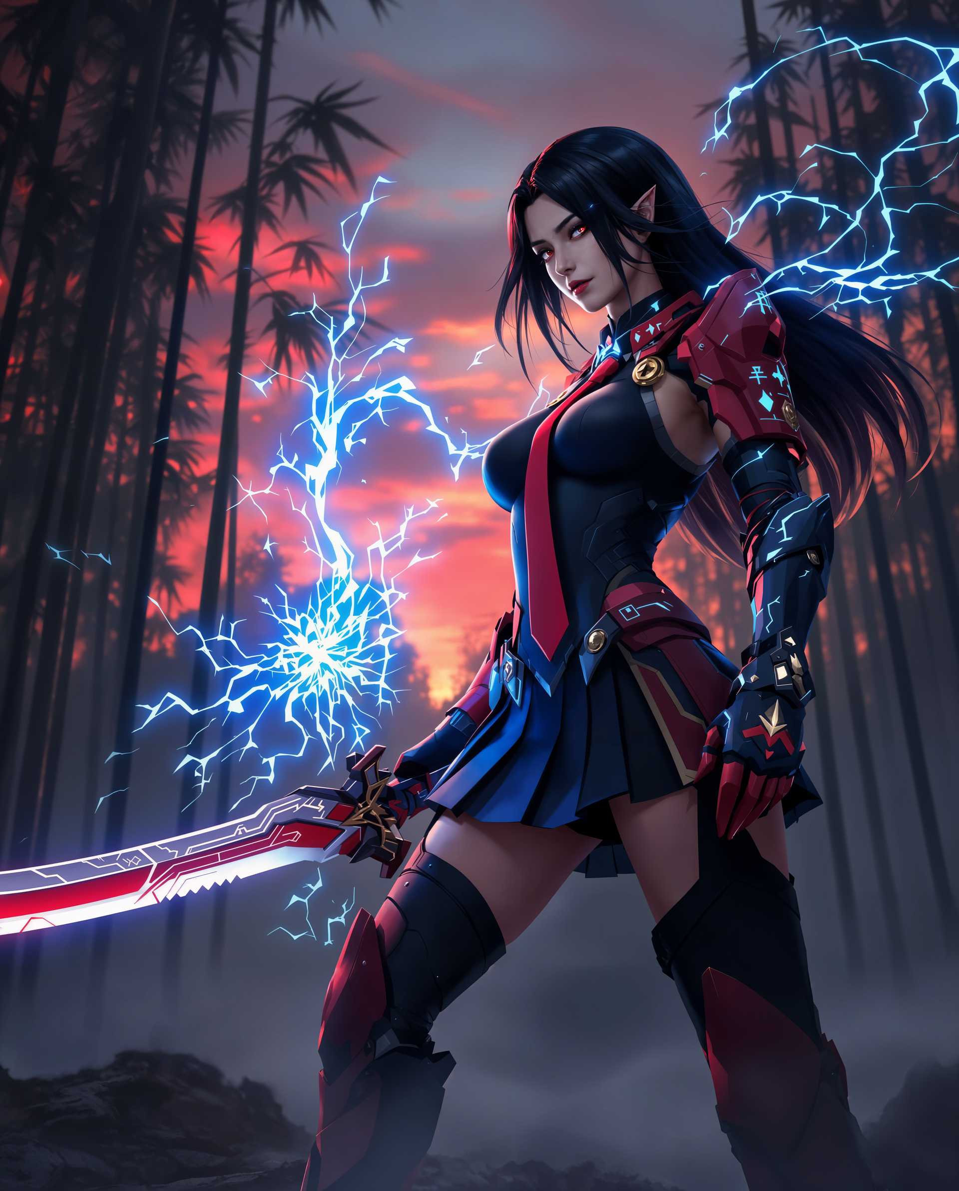 masterpiece, best quality, highres, sharp image, more detail <lora:more_details:0.5> <lora:SDXLrender_v2.0:1>, masterpiece, best quality, highres, sharp image, more detail, This is a realistic photo (photograph) of a female real person image that exudes a sense of fantasy and power, featuring a character that appears to be a blend of a samurai and a magical warrior. The character is dressed in a sleek, black and red outfit that suggests a mix of traditional Japanese attire with a modern, possibly cybernetic twist. The outfit includes a formfitting bodice with a high collar, a short, pleated skirt, and a red tie that matches the red accents on the characters armor and weapon.The character wields a large, ornate sword with a red blade and a detailed hilt, which seems to be infused with energy, as evidenced by the blue electrical patterns swirling around it. The swords design is reminiscent of a katana, with a curved blade and a guard that features intricate patterns and symbols.The characters armor is red and black, with a hightech, angular design that covers the arms and legs, leaving the torso bare. The armor is adorned with glowing blue details, which likely correspond to the energy swirling around the sword. The characters hair is long and dark, flowing freely as they strike a dynamic, combatready pose.The background of the image is a misty, wooded area with tall, straight bamboo stalks that reach towards a sky tinged with shades of red and orange, suggesting either sunrise or sunset. The lighting in the scene is dramatic, with the reds and oranges of the sky contrasting with the cool blues of the energy and the green of the bamboo.The art style of the image is highly detailed and realistic, with a strong emphasis on textures and lighting that give the scene a threedimensional quality. The medium appears to be digital, given the smooth gradients and seamless blending of colors.Overall, the image is a powerful and visually striking depiction of a character that seems to be both a formidable warrior and a conduit of magical energy.