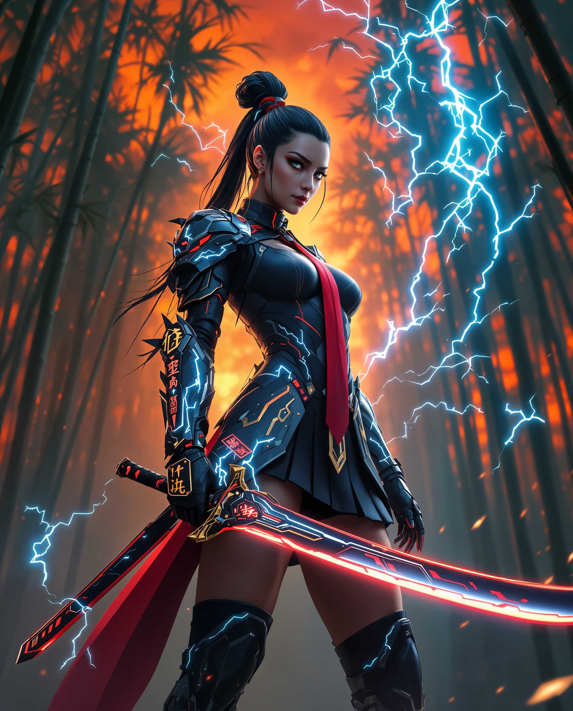 masterpiece, best quality, highres, sharp image, more detail <lora:more_details:0.5> <lora:SDXLrender_v2.0:1>, masterpiece, best quality, highres, sharp image, more detail, A hyper-realistic digital photograph of a fierce female warrior, embodying a unique fusion of traditional samurai and modern magical cybernetic warrior aesthetics. She stands in a dynamic, combat-ready pose, exuding strength and determination. Her outfit is a sleek blend of black and red, featuring a form-fitting bodice with a high collar, a short pleated skirt, and a striking red tie that matches the vibrant red accents on her high-tech armor and weapon. The armor, angular and futuristic, covers her arms and legs with glowing blue energy lines, leaving her torso partially exposed for agility. She wields a massive, ornate katana with a curved red blade and an intricately designed hilt adorned with symbolic patterns, surrounded by swirling blue electrical energy that crackles with power.

The background is a misty, enchanted bamboo forest, with tall, straight stalks stretching upward toward a dramatic sky painted in fiery shades of red and orange, capturing the fleeting beauty of sunrise or sunset. The lighting is cinematic and intense, with warm golden hues from the sky contrasting against the cool blues of the energy effects and the deep greens of the forest, casting intricate shadows and highlights across the scene. The composition focuses on the warrior as the central figure, framed by the vertical lines of bamboo, with a low camera angle looking slightly upward to emphasize her commanding presence and power.

The mood is both mystical and intense, evoking a sense of ancient tradition clashing with futuristic magic in a timeless battle. The image is rendered in a hyper-detailed, photorealistic style, with meticulous attention to textures—such as the smooth metallic sheen of the armor, the subtle weave of the fabric in her outfit, and the rough, organic texture of the bamboo—and lifelike lighting that enhances the three-dimensional depth. The digital medium showcases smooth gradients and seamless color blending, creating a visually striking and cohesive masterpiece.