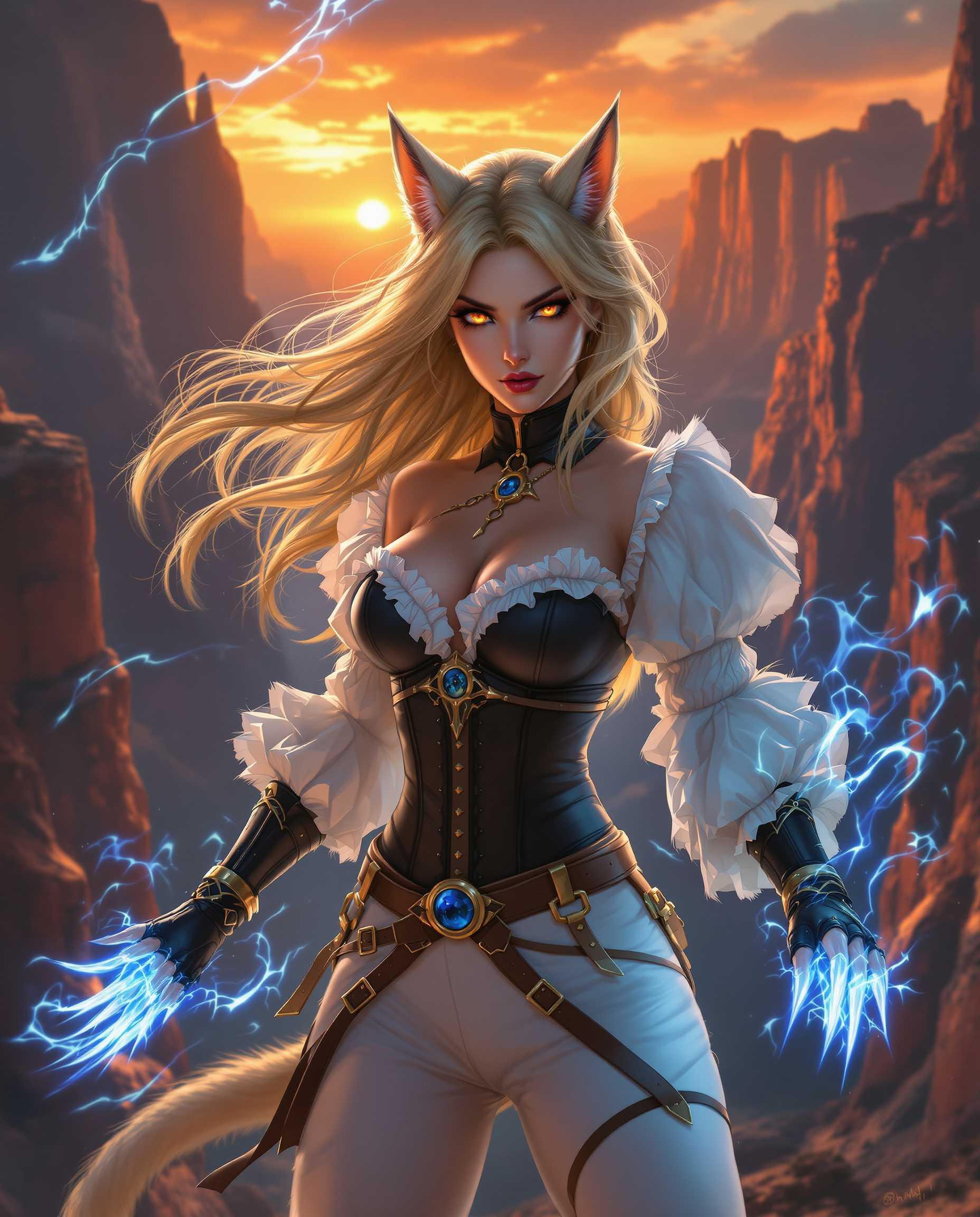 masterpiece, best quality, highres, sharp image, more detail, A hyper-realistic digital painting of a female character with anthropomorphic cat-girl traits, captured in a dynamic and powerful stance. The artwork is rendered in a highly detailed, lifelike style with smooth shading and dramatic lighting, resembling a high-resolution photograph. The character features flowing golden hair cascading over her shoulders, striking yellow eyes with a fierce red glint, and pointed, furry cat ears with a soft, velvety texture. Her long, fluffy tail matches the fur of her ears, swaying with subtle movement. She wears a striking black and white outfit blending practicality and elegance: a form-fitting black corset with a high neckline, accented by a delicate white ruffled collar, paired with voluminous white ruffled sleeves that carry a hint of fur texture and are secured with intricate golden cuffs. Her high-waisted white pants, detailed with golden buckles and straps, have a rugged fur texture and are cinched with a brown belt featuring a circular blue gemstone buckle. Her hands are clad in fur-textured gloves with golden cuffs and straps, extending into sharp, claw-like tips glowing with ethereal blue energy, hinting at magical power.

The background is a breathtaking canyon with towering, jagged cliffs bathed in a gradient of fiery orange to deep red hues, illuminated by the glow of a setting sun on the horizon. The scene is filled with swirling blue energy emanating from the character’s hands, intertwining with the warm tones of the canyon and creating a magical, intense atmosphere. The composition places the character centrally, slightly off to the left, in a three-quarter view with a low camera angle, emphasizing her commanding presence against the vast, dramatic landscape. The lighting is cinematic, with strong highlights on the character’s face, hair, and outfit, contrasted by deep shadows in the canyon, enhancing the sense of depth and movement. The overall mood is one of power, mystery, and adventure, set during a fiery sunset with a charged, otherworldly ambiance.