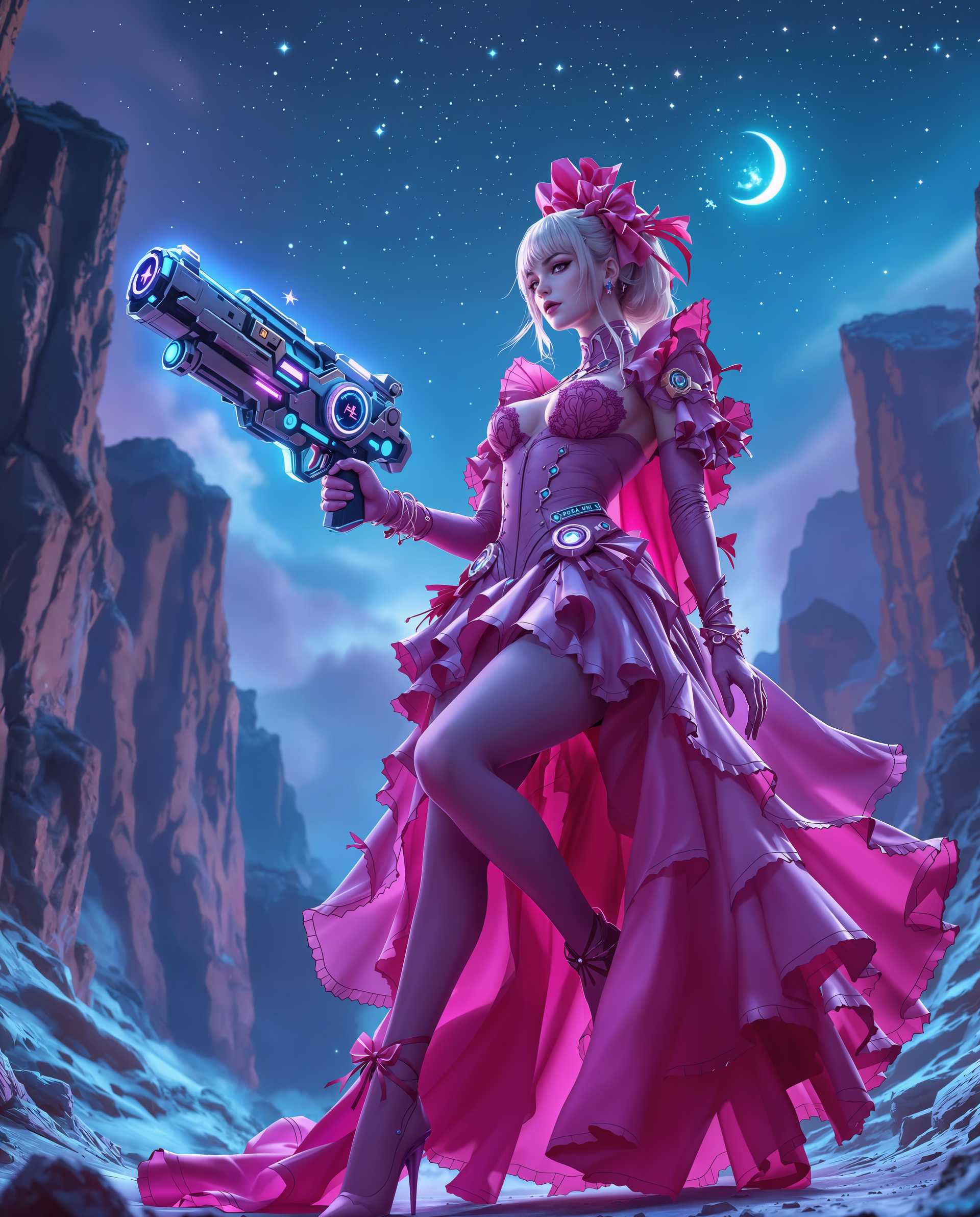 masterpiece, best quality, highres, sharp image, more detail <lora:more_details:0.5> <lora:SDXLrender_v2.0:1>, masterpiece, best quality, highres, sharp image, more detail, A hyper-realistic digital photograph of a female character in a dynamic, action-ready pose, confidently wielding a futuristic weapon. She is dressed in an elaborate, Victorian-inspired outfit in vivid pink, featuring a fitted bodice with intricate lace detailing, a flared skirt with cascading ruffles, and a flowing cape adorned with delicate bows and star-shaped embellishments. Her ensemble is completed with thigh-high stockings, textured with subtle sheen, adding elegance to her fierce demeanor. The weapon she holds is a large, sci-fi-inspired gun, crafted from sleek metal with glowing blue accents and intricate mechanical components. It includes a circular sight and a holographic display flickering with data, emitting a soft neon glow that highlights its advanced design. The background is a dramatic, rugged rocky landscape under a vast starry sky, with jagged cliffs piercing the horizon and a luminous crescent moon casting faint silver light. A surreal, neon-blue illumination radiates from the weapon and the ground, blending with the natural tones of the environment, creating an otherworldly atmosphere. The composition is framed from a low-angle perspective, emphasizing the character's commanding presence against the towering cliffs and expansive sky. The mood is intense and futuristic, with a blend of elegance and danger, captured under the cool tones of a night scene. The art style is ultra-detailed digital realism, with vibrant and rich color palettes dominated by pinks, blues, and purples, enhanced by sharp contrasts, cinematic lighting, and a polished, photorealistic finish.