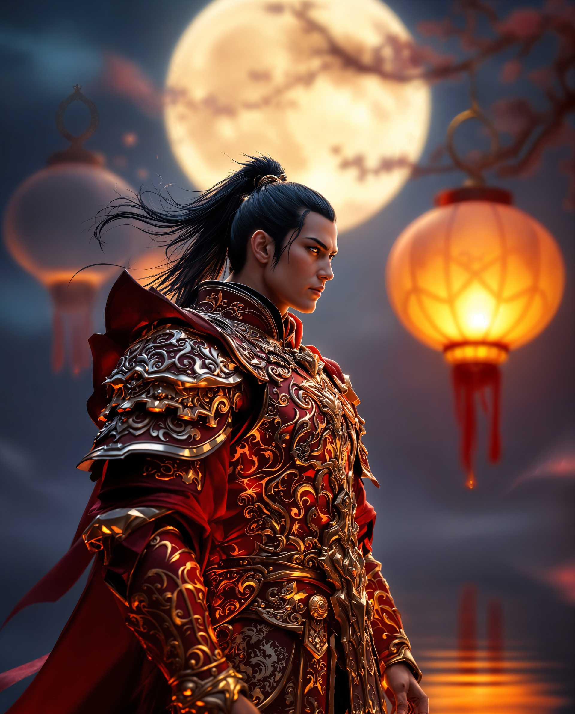 masterpiece, best quality, highres, sharp image, more detail <lora:more_details:0.5> <lora:SDXLrender_v2.0:1>, masterpiece, best quality, highres, sharp image, more detail, A hyper-realistic digital photograph of a male warrior standing in a commanding pose of readiness and resolve, clad in ornate armor that fuses deep, rich reds with shimmering gold accents. The armor is intricately designed with flame and dragon motifs, featuring embossed patterns of scales, claws, and organic shapes that catch the light dynamically, giving the metal an almost living, pulsating quality. The gold highlights the curves and contours of the armor, creating a striking contrast against the bold crimson base. The warrior's black hair is tied back in a high ponytail, flowing with subtle movement, with red highlights that mirror the armor's fiery palette. 

The background depicts a mystical night scene, with a cool blue and purple sky enveloping the atmosphere in an otherworldly glow. Two traditional lanterns with curved handles and delicate paper or fabric panels float gently above a reflective body of water, emitting a soft, warm golden light that contrasts beautifully with the cool tones of the night. The water mirrors the lanterns’ glow, enhancing the serene yet enigmatic ambiance. 

The composition centers the warrior in the foreground, captured from a low-angle perspective to emphasize his imposing presence and the intricate details of the armor. The lanterns and water frame the scene in the background, creating depth and balance. The mood is a blend of strength and mystery, evoking a science fiction and fantasy aesthetic with a focus on detailed craftsmanship. The lighting is dramatic, with the interplay of warm lantern glow and cool moonlight casting subtle highlights and shadows across the armor and surroundings. Rendered with photorealistic precision, smooth gradients, and meticulous attention to texture and reflection, this image captures a powerful, immersive narrative of a warrior in a fantastical realm.