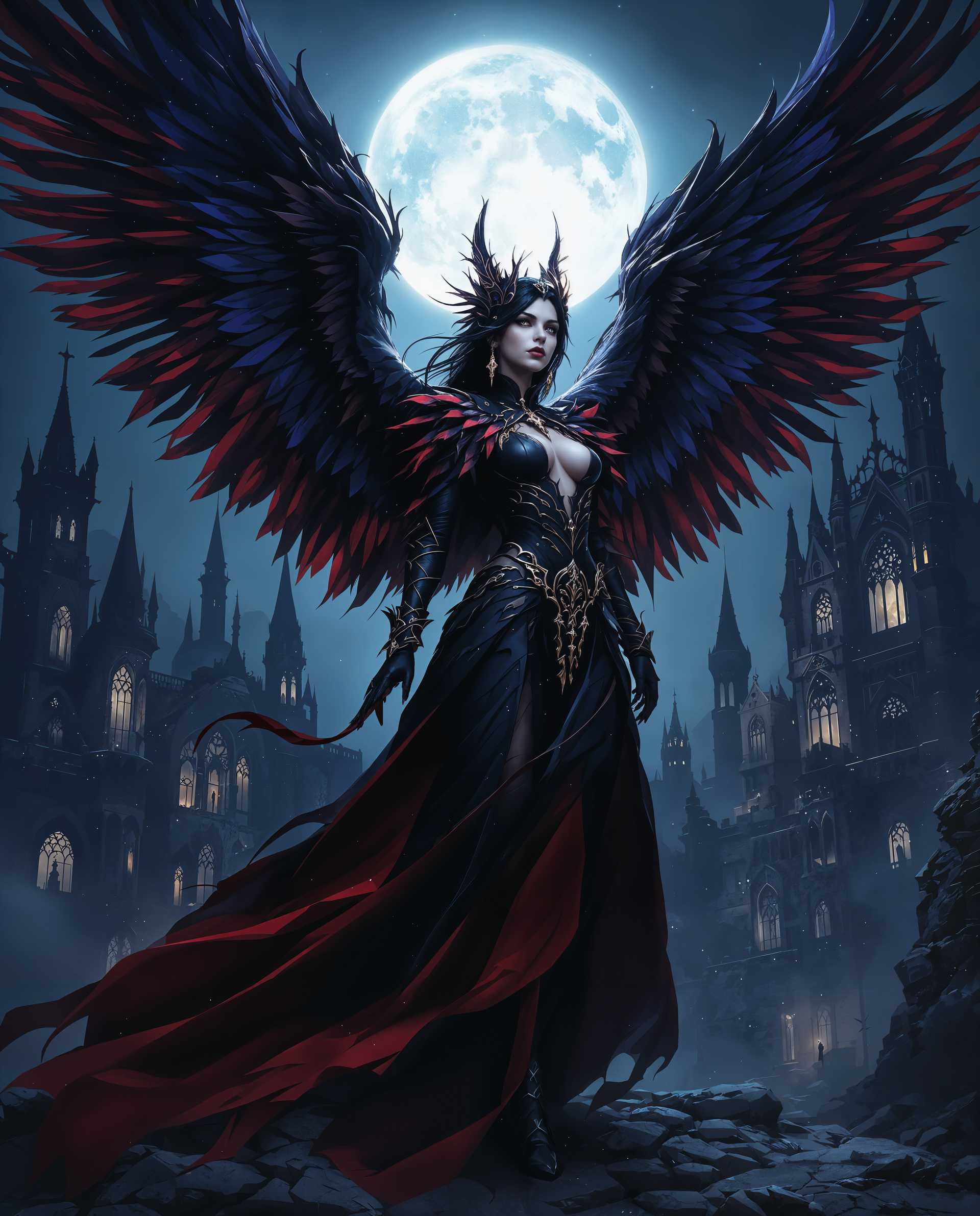 masterpiece, best quality, highres, sharp image, more detail <lora:more_details:0.5> <lora:SDXLrender_v2.0:1>, masterpiece, best quality, highres, sharp image, more detail, A hyper-realistic digital painting of a gothic female character, captured in a high-resolution photograph-like style with meticulous attention to detail. The artwork showcases advanced rendering techniques, creating a lifelike, three-dimensional quality through intricate textures and dynamic lighting. The color palette is rich and dramatic, dominated by deep blues, purples, and blacks, crafting a moody, atmospheric tone, while vibrant reds and golds in the character’s elaborate costume provide striking contrast, drawing the viewer’s eye. The subject, a female figure, stands as the focal point, adorned in a detailed gothic outfit blending leather, fur, and lace, each texture rendered with precision to highlight its unique sheen and weight. Her expansive, feathered wings are portrayed with realistic shading and fine detailing of individual feathers, suggesting depth and subtle movement. She is positioned centrally in the frame, captured from a low-angle perspective to emphasize her commanding presence and the towering height of her wings. The background features a sprawling gothic cityscape at night, with jagged spires and ornate, decaying architecture, marked by broken windows and a haunting absence of light. The scene is set under a luminous full moon casting a pale, silvery glow, enhancing the eerie, melancholic ambiance. The composition balances the intricate foreground subject with the vast, ominous city behind, creating a cinematic depth of field with a sharp focus on the character and a slightly softened background. The overall mood is dark and mysterious, evoking a sense of ancient lore and forgotten tales, reminiscent of a gothic romanticism art movement blended with modern hyper-realistic digital techniques.