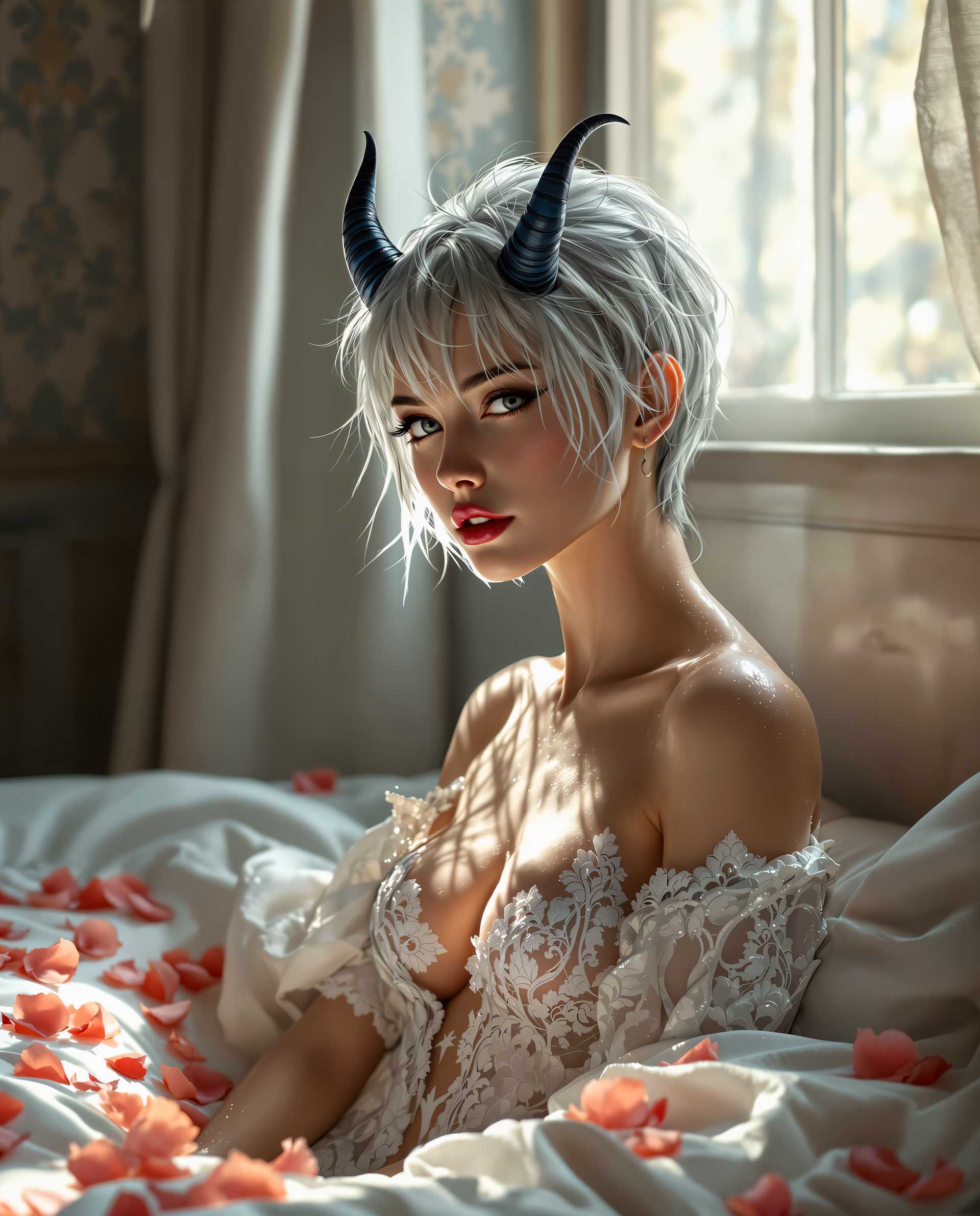 masterpiece, best quality, highres, sharp image, more detail <lora:more_details:0.5> <lora:SDXLrender_v2.0:1>, A hyper-realistic digital painting of a young woman with a striking, fantasy-inspired appearance, captured in an intimate and romantic setting. She has short, silver hair, tousled playfully with a few strands sticking out, adorned with two sleek, dark blue horns protruding elegantly from the top of her head, blending realism with a touch of the fantastical. Her attire consists of a white lace clothing, intricately detailed with delicate patterns, visibly wet and glistening with moisture, the fabric clinging to her skin with realistic reflections and highlights that catch the soft light, emphasizing a freshly bathed or dewy texture. The scene is set in a cozy, softly lit room with vintage patterned wallpaper in muted grays and blues, featuring a window draped with sheer curtains. Warm, golden sunlight streams through, casting gentle shadows and illuminating the wet sheen of her clothing, creating a serene and sensual ambiance. Scattered rose petals in subtle shades of pink and red lie on a nearby bed, adding a romantic and intimate touch to the composition. The camera angle is slightly low, framing her centrally with a close-up focus on her detailed features and the interplay of light on her wet attire, while the background softly blurs to maintain emphasis on her. The color palette is dominated by soft whites, grays, and blues, with the warm sunlight and petal accents introducing delicate warmth, enhancing the overall mood of fantasy, romance. The artwork showcases impeccable attention to texture, shading, and light play, with a photorealistic style reminiscent of high-end fashion photography combined with digital artistry.